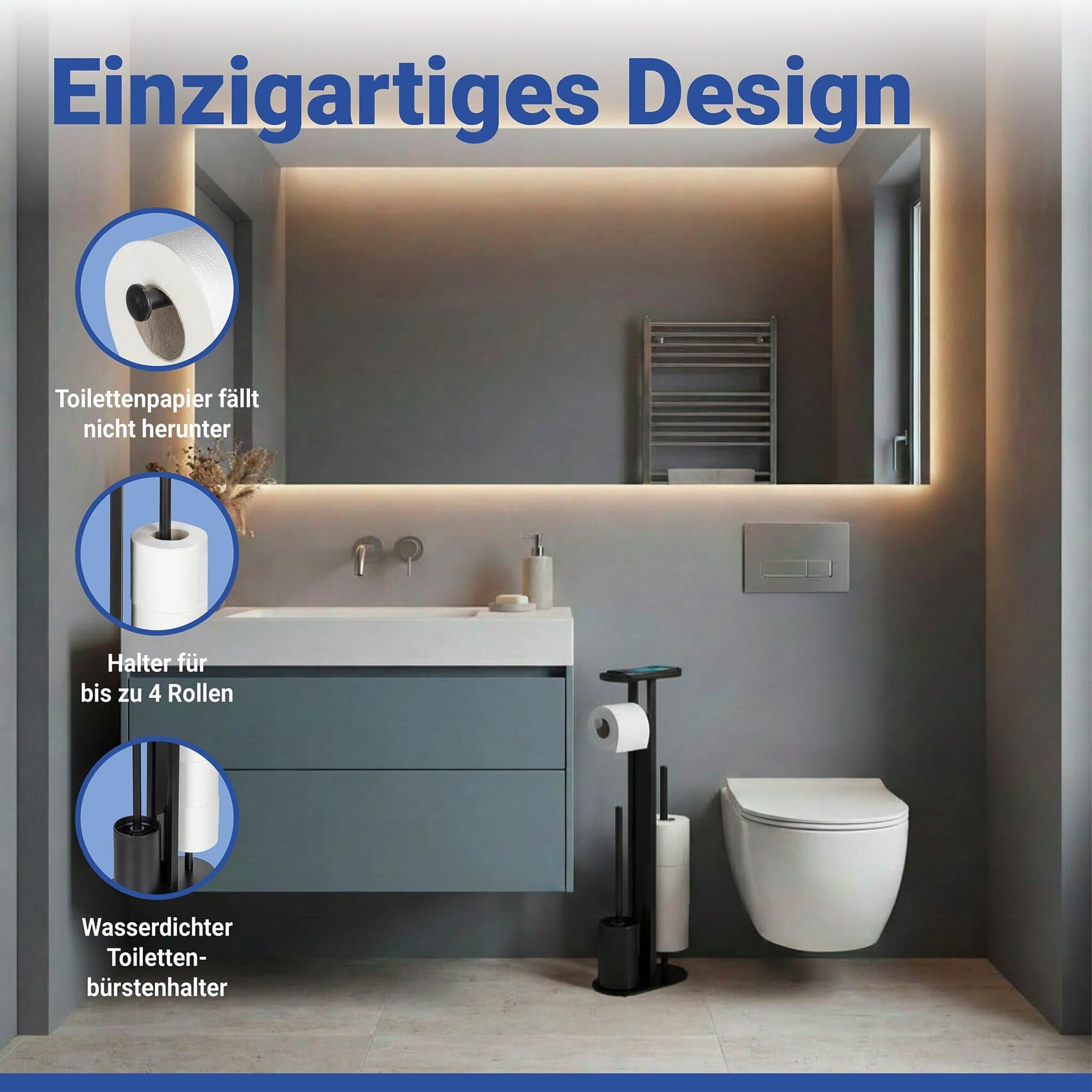 WENKO Stand WC-Garnitur Mod. Orea aus Stahl mit schwarzem Trennglas, WC Bürste, Toilettenpapierhalter, Ersatzrollenhalter für bis zu 4 Rollen und Smartphone-Ablage, stehend, ohne Bohren, schwarz
