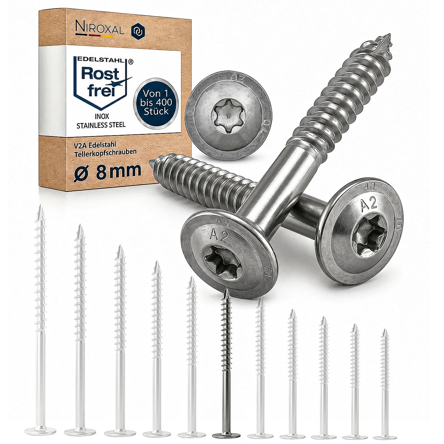 Tornillo de cabeza de disco de acero inoxidable A2 ETA 8 x 120 TX40 Torx para construcción de madera, V2A, para construcción de madera, pérgola, viga, 200 unidades