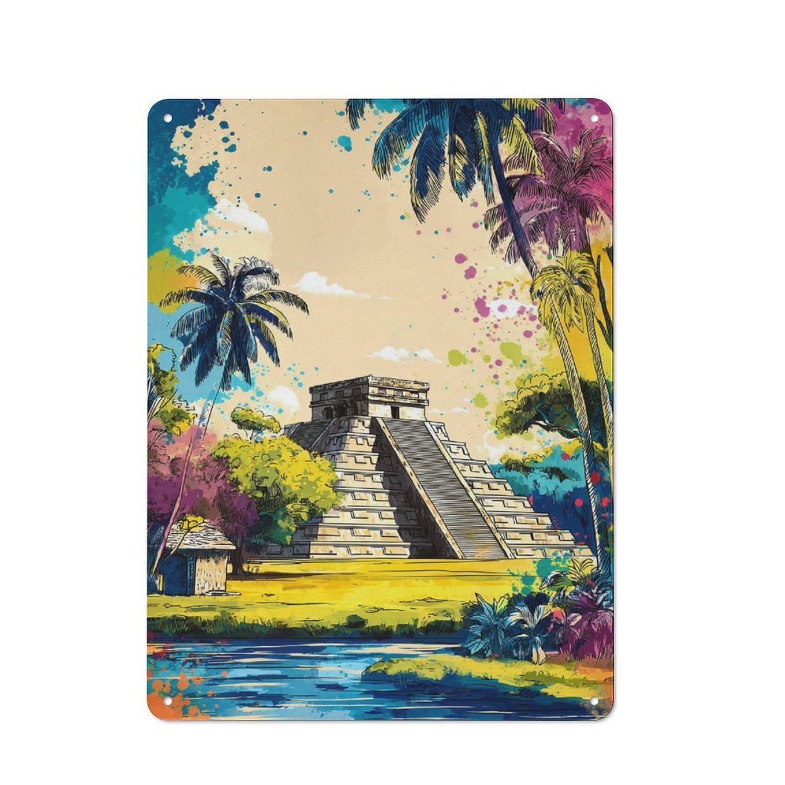 Junmoney Colorful Mayan Pyramid Illustration Tin Wall Plaque 40X30cm With For Dining Room Or Kitchen, Tin Sign Wall Decor For Kitchens And Dining Spaces