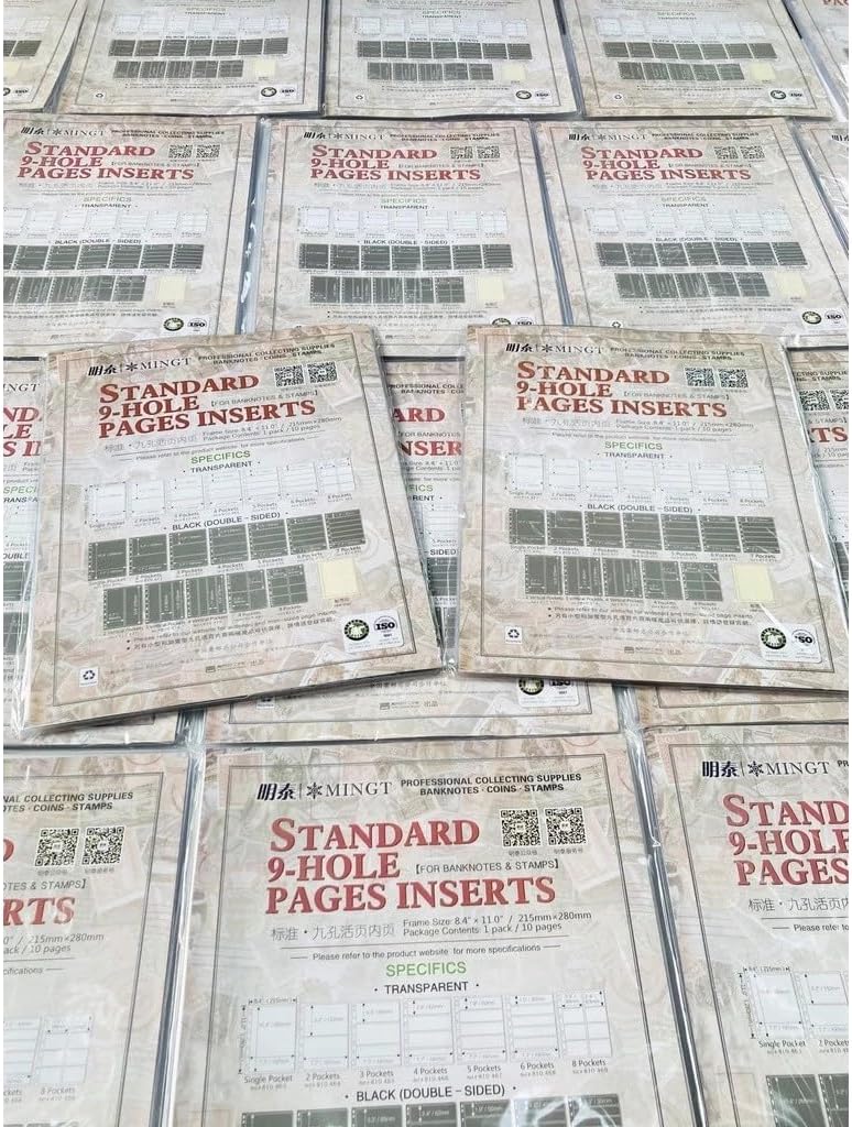10Pcs Standard 9-Hole Transparent Single-Sided Album Inner Sheets Card Stamp Banknote Collection Album Inserts Pages for Coin Collecting and Supplies (7 Pockets)