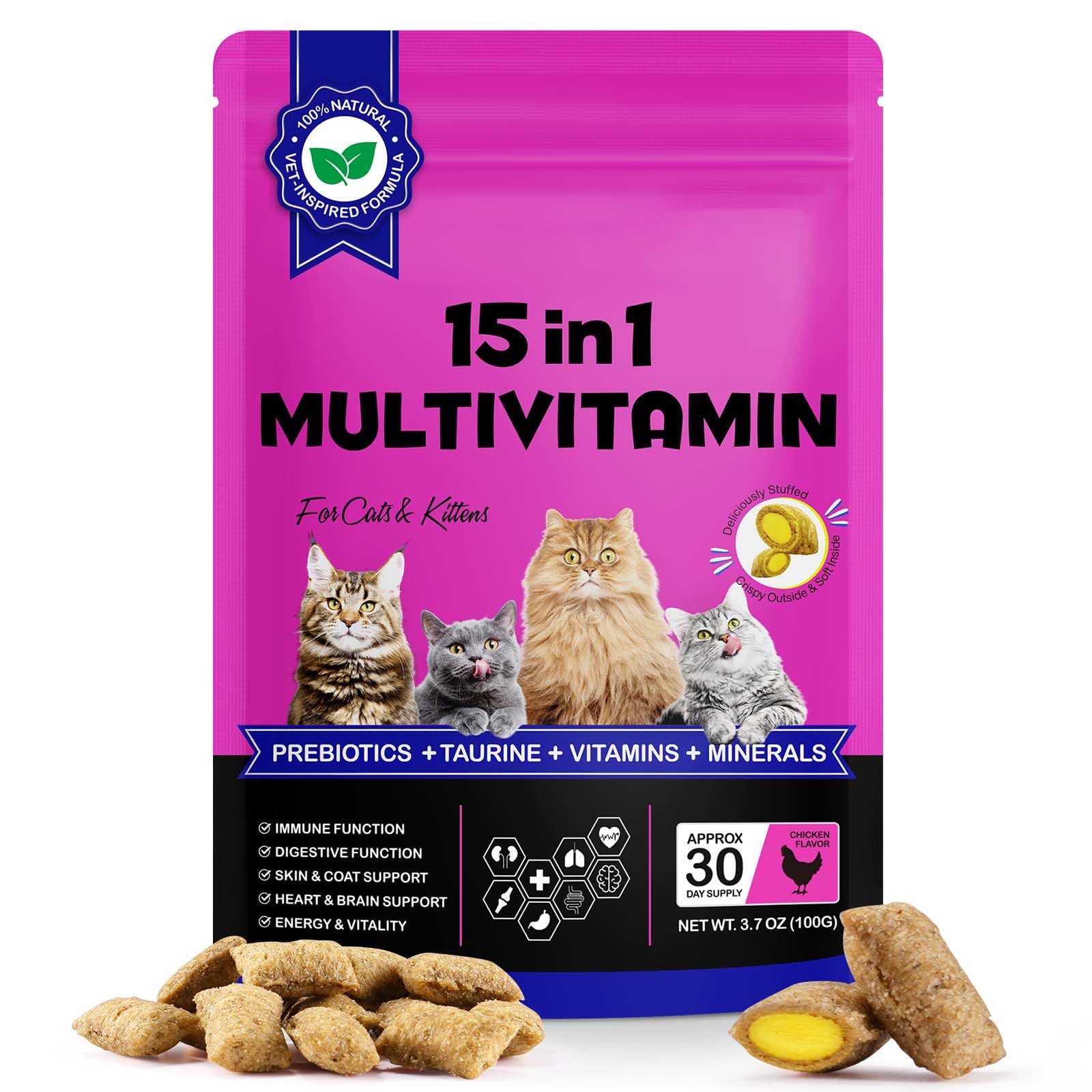 Cat Multivitamins, Vitamin Supplement for Cats Supports Immune Function, Skin & Coat Health, Digestion Function & Joint Support, Pet Supplies with Probiotics, Chicken Flavor- 100g / 30 Soft Chews