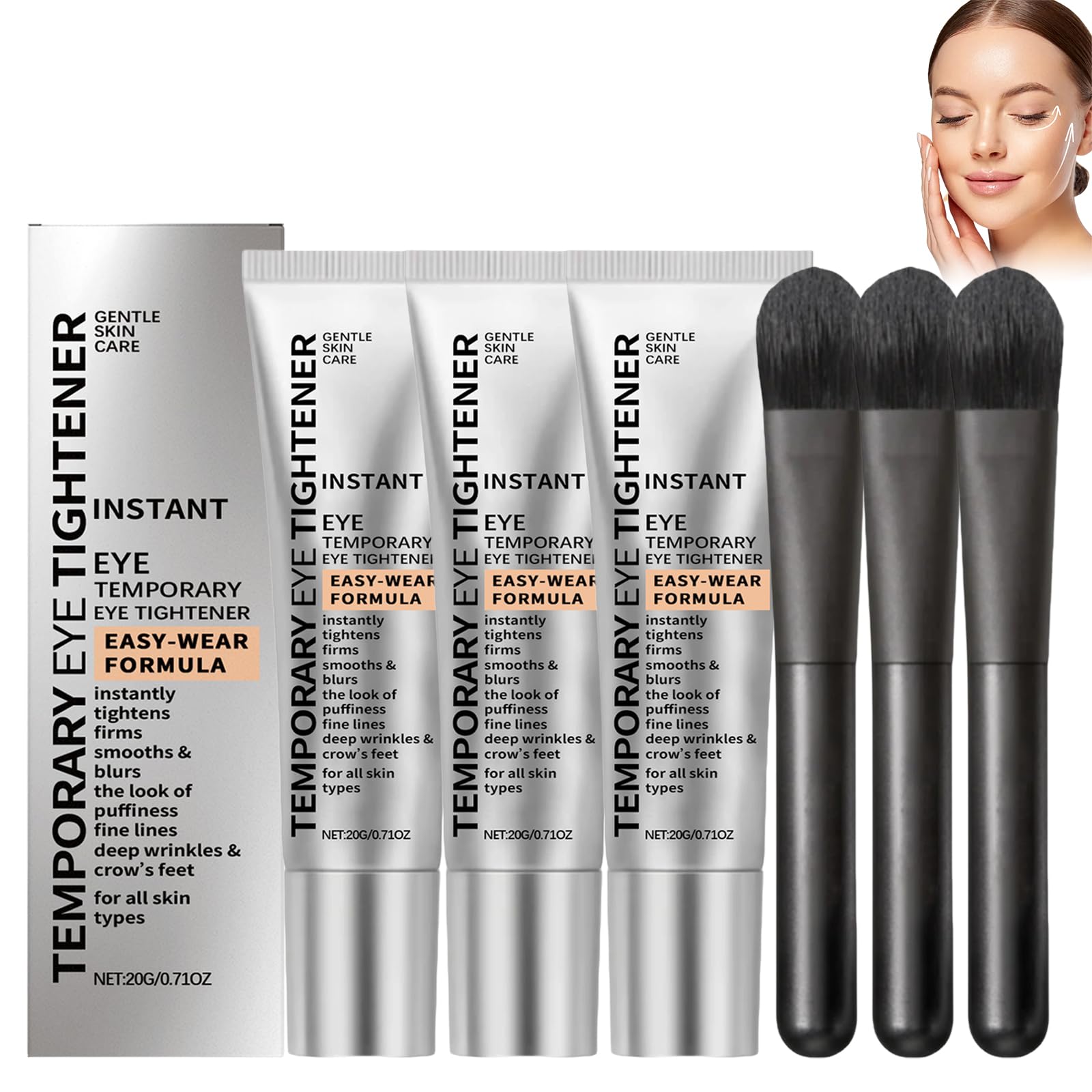 3 Stück Instant Face Tightener Cream Perfection Primer Tightener,mit 3 Pinseln,Sanfte Pflege,Feuchtigkeit,Feuchtigkeit für Die Haut Rund Um Die Augen,Geeignet für Alle Hauttypen