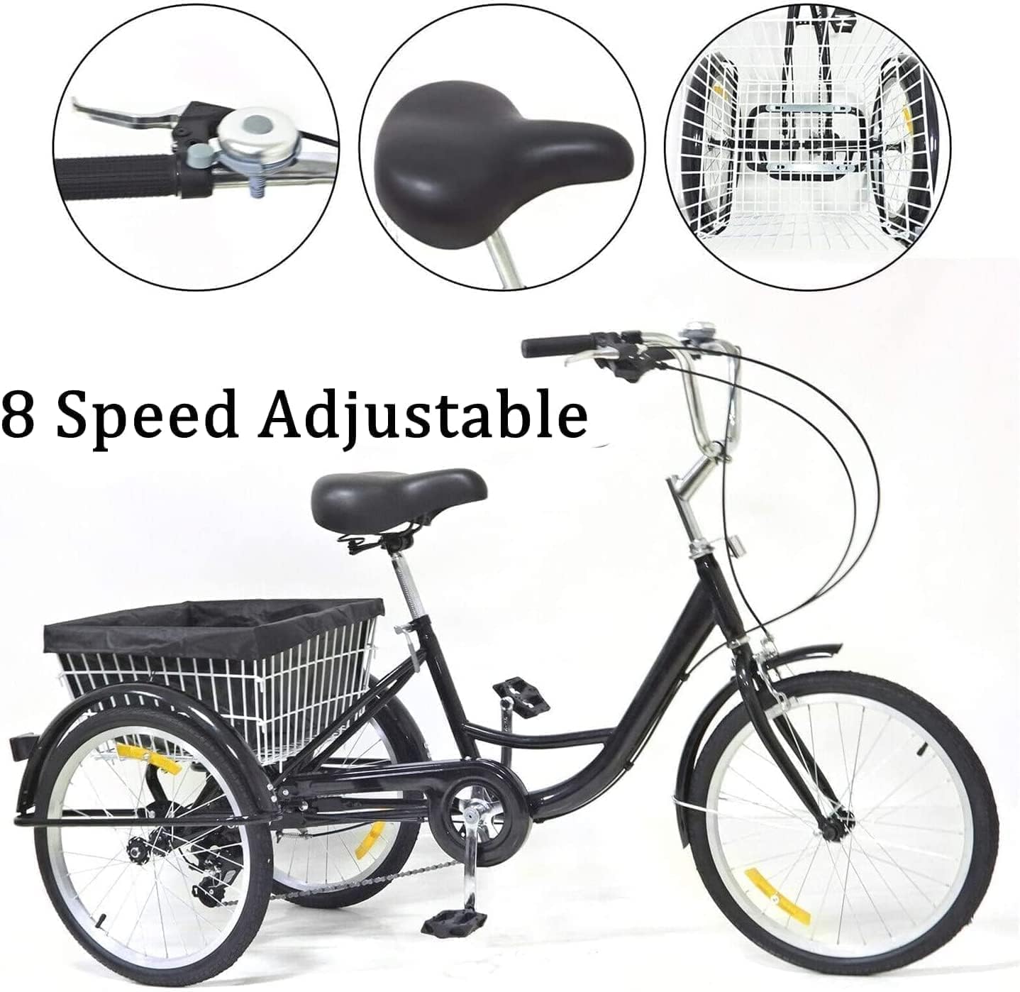 24" Dreiräder Erwachsene mit Korb - 8 Gang Dreirad für Erwachsene 110KG Last Höhenverstellbar 3 Räder Fahrrad Cityräder Cruise Einkaufsrad für 155-185cm Senioren Frauen Ältere(Schwarz)