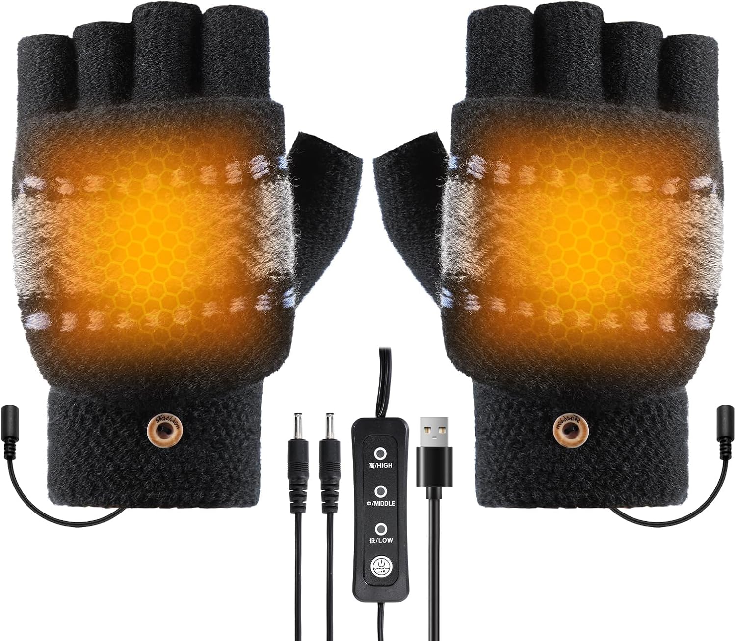 USB Heated Gloves Fingerless for Men and Women, Winter Warm Heating Electric Touchscreen Gloves Full & Half Hands Warmer with 3 Adjustable Temperature, Washable Knitting Laptop Glove