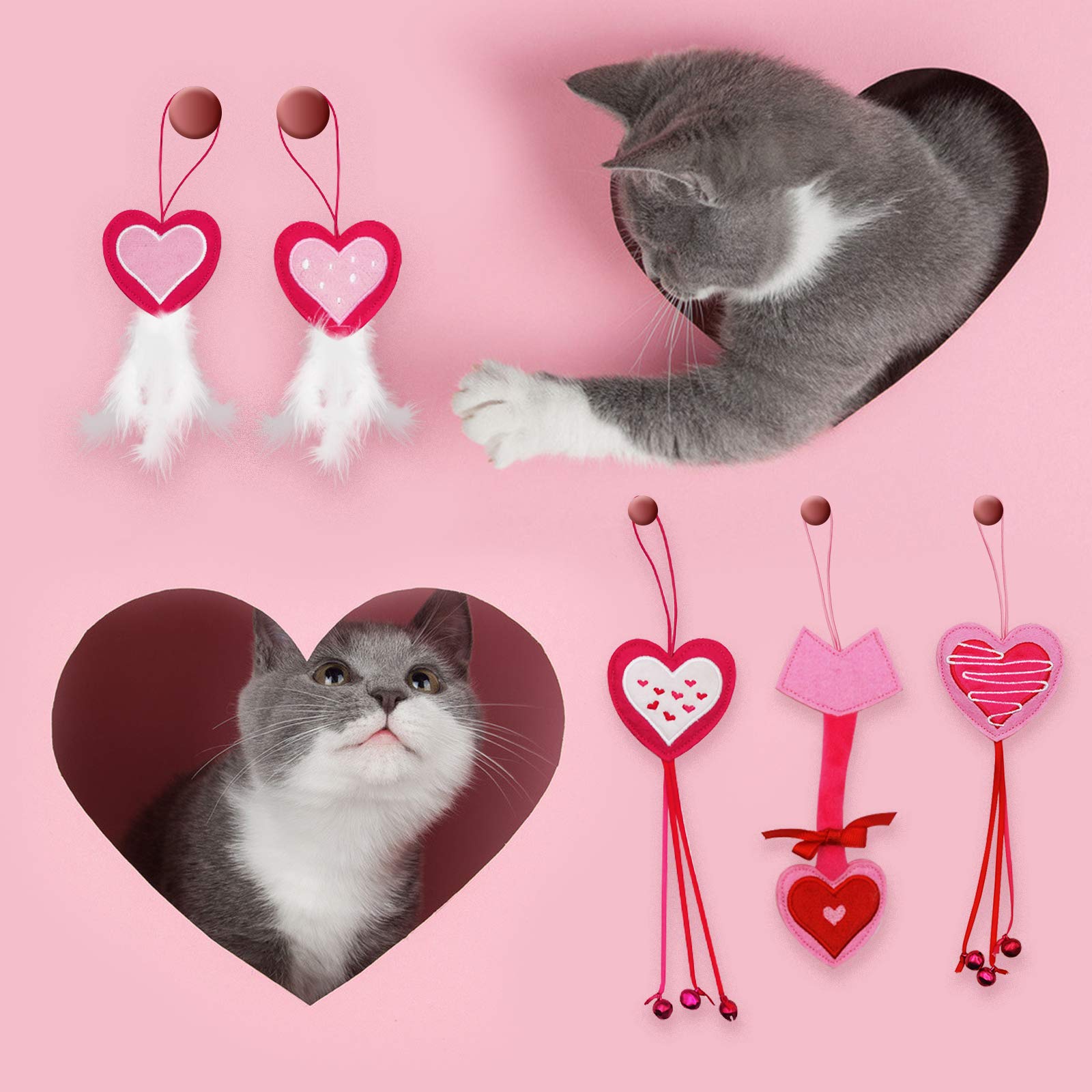 Valentinstag-Katzenspielzeug, 5 Stück, Katzenfeder-Spielzeug, zum Aufhängen an der Tür, Katzenminze, gefüllt, für Katzen, Kätzchen, Jagdspielzeug mit Glocken für Indoor-Katzen