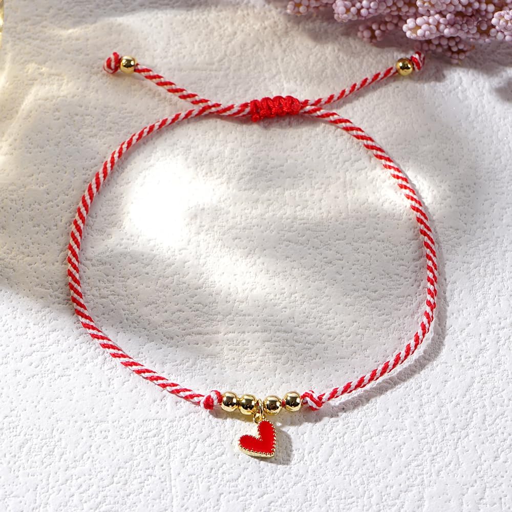 Valentines Heart Bracelet for Women,Handmade Bohemian Red White String Adjustable Bracelet Romantic Valentines Gifts for Her - Image 3