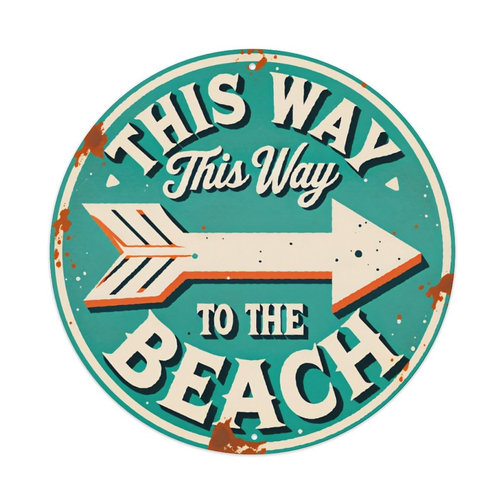 This Way To The Beach Vintage Arrow Holiday Round Decor Sign Vintage Aluminium Metal Sign, Retro Wall Decor for Home, Bar, Garage & Farmhouse 20x20cm