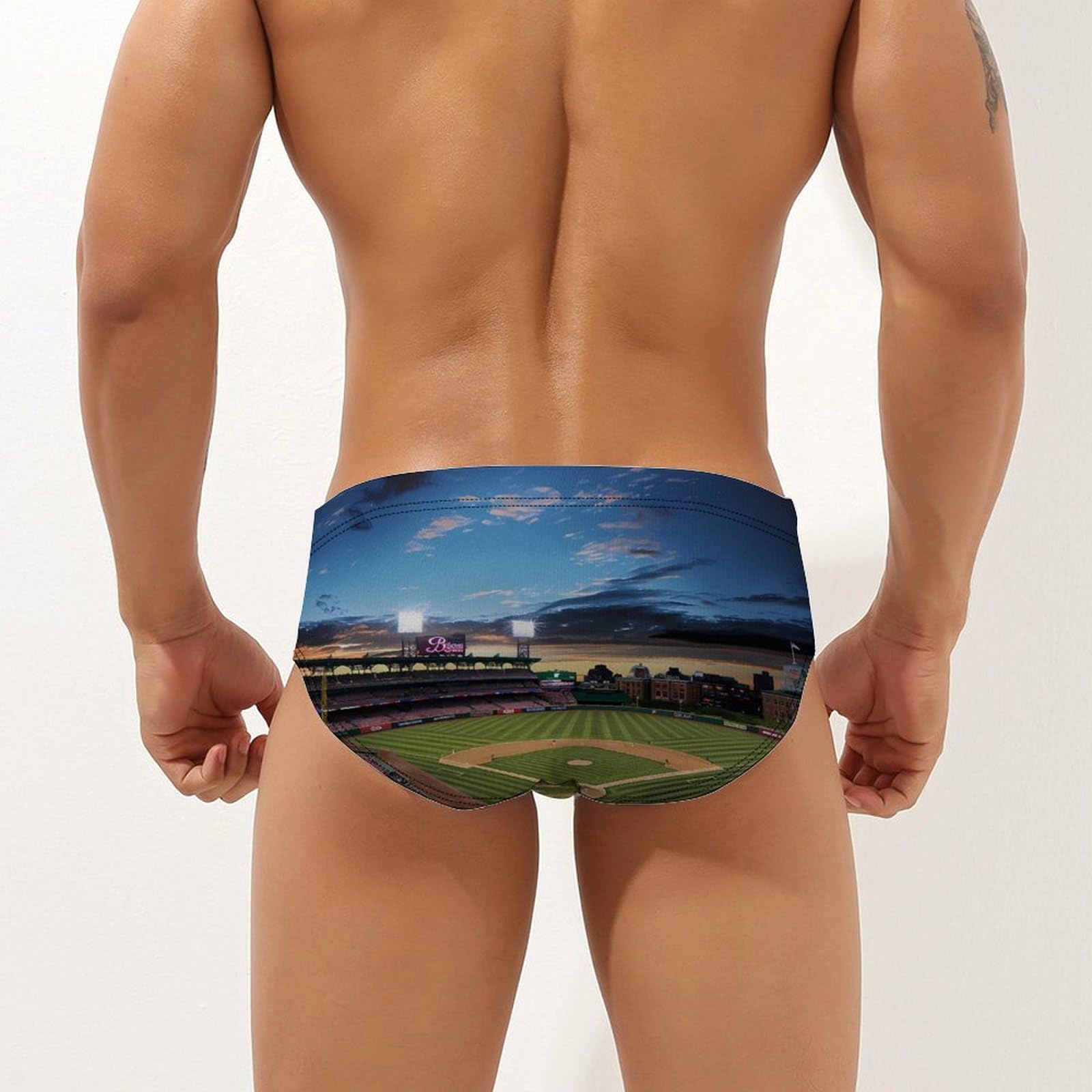 Baseball Ballpark Cityscape Mens Swim Briefs Bikini Swimwear Print Beach Shorts Sexy Swimsuit L