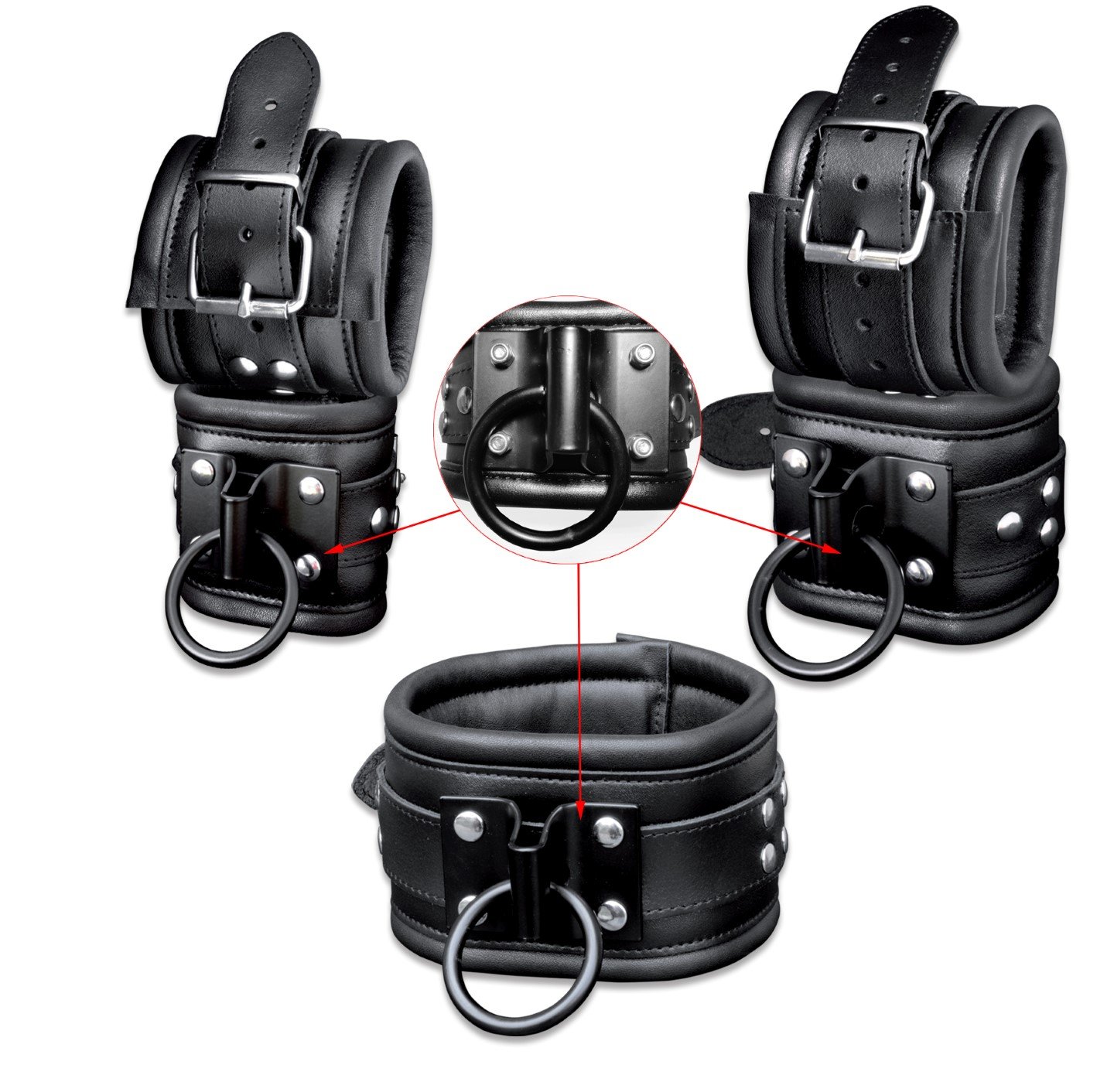 Robustes BDSM Bondage Set Leder Fesselset, schwarz, gepolstert