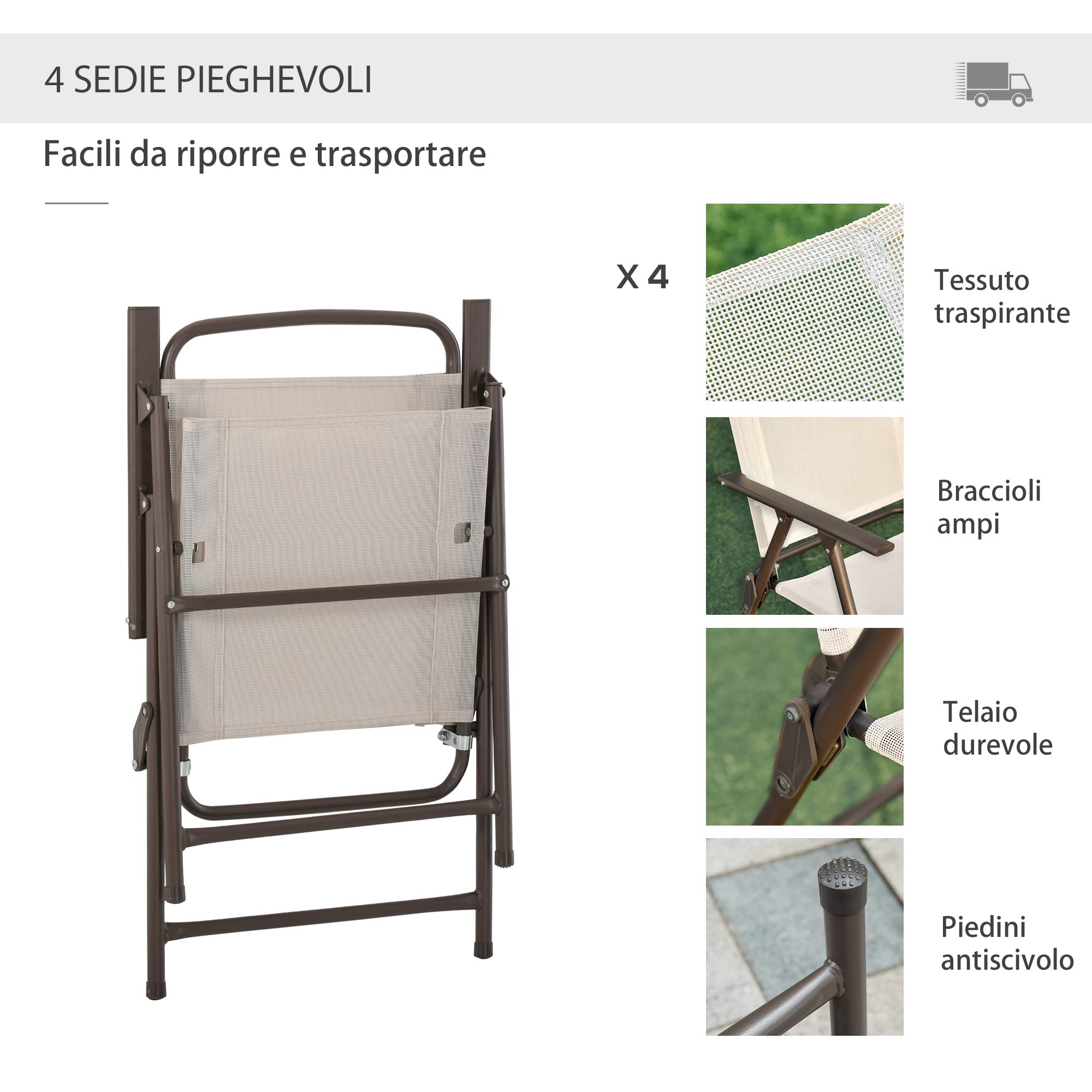 Outsunny 6 pz Set Mobili da Giardino in Tubi d'Acciaio, Tavolo da Giardino con Sedie e Ombrellone, Crema