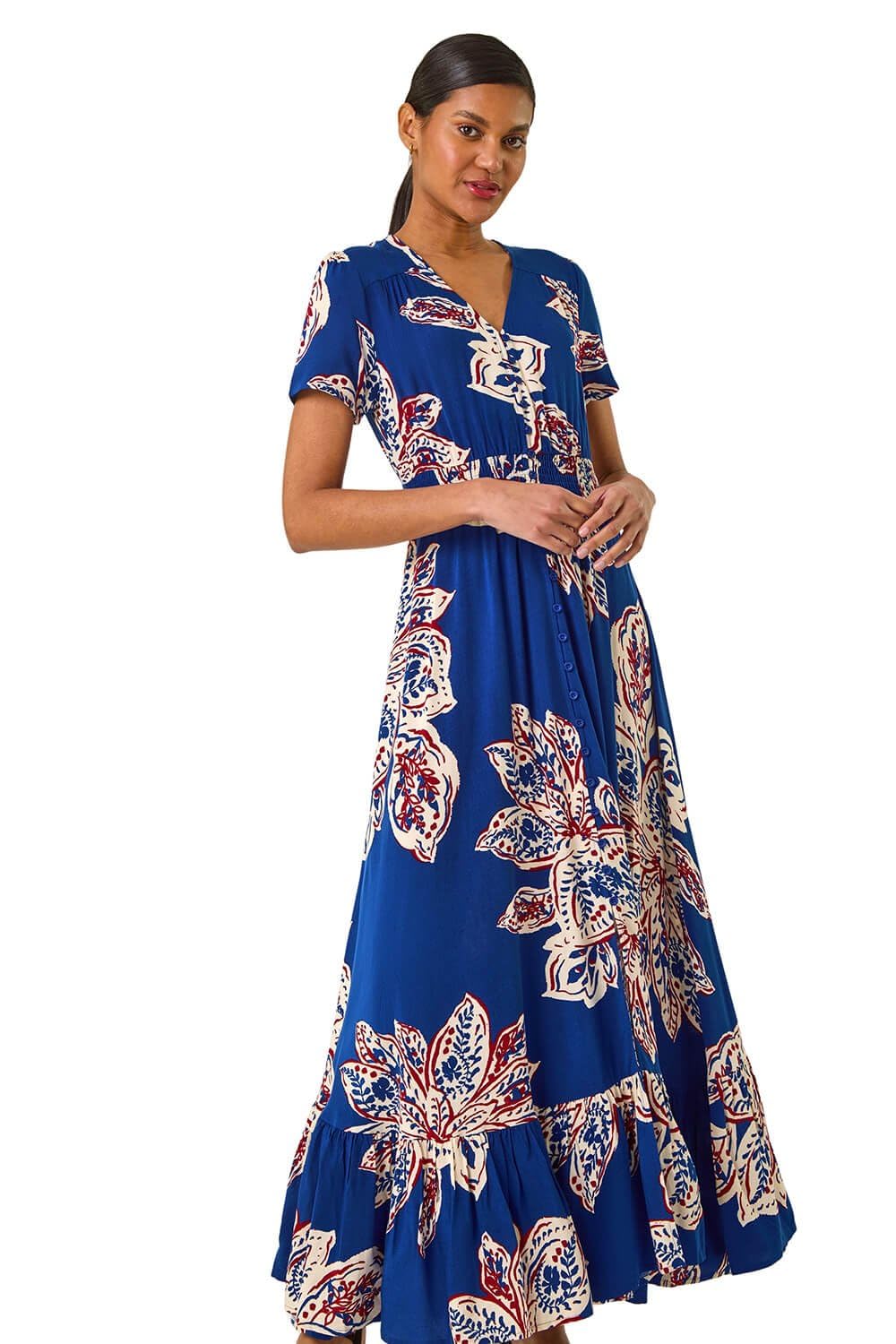 Roman Shirred Empire Waist Dress for Women UK Ladies Midi Maxi Summer Spring Tiered Frill Hem Short Sleeve V Neck Button Through Boho Bohemian Holiday Cruise