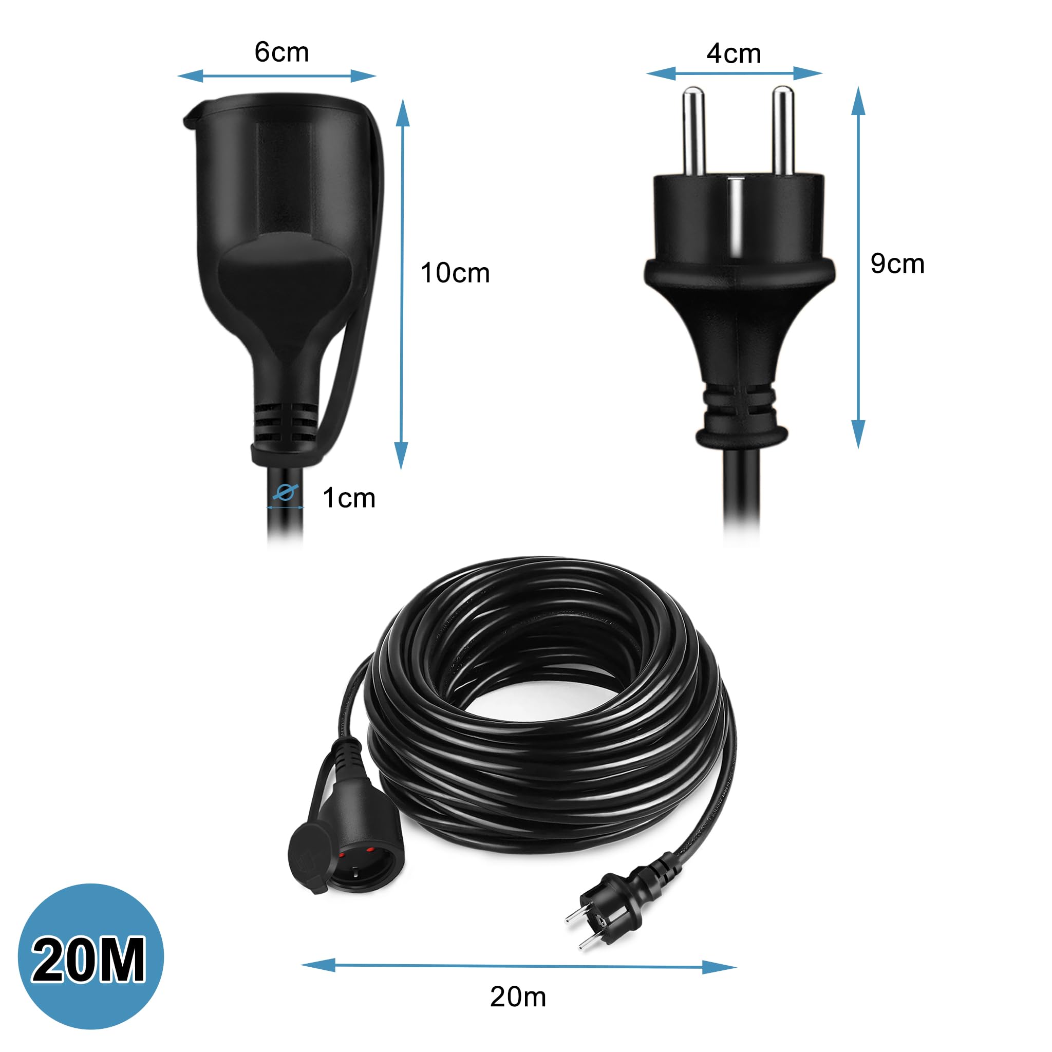 Aufun Verlängerungskabel 20m mit Schutzkappe Outdoor, Einsatz für den Außenbereichm, Verlängerung Stromkabel 3500W, 230 V IP44 mit Schuko Stecker, Schutzkontakt Baustellenkabel (20m)