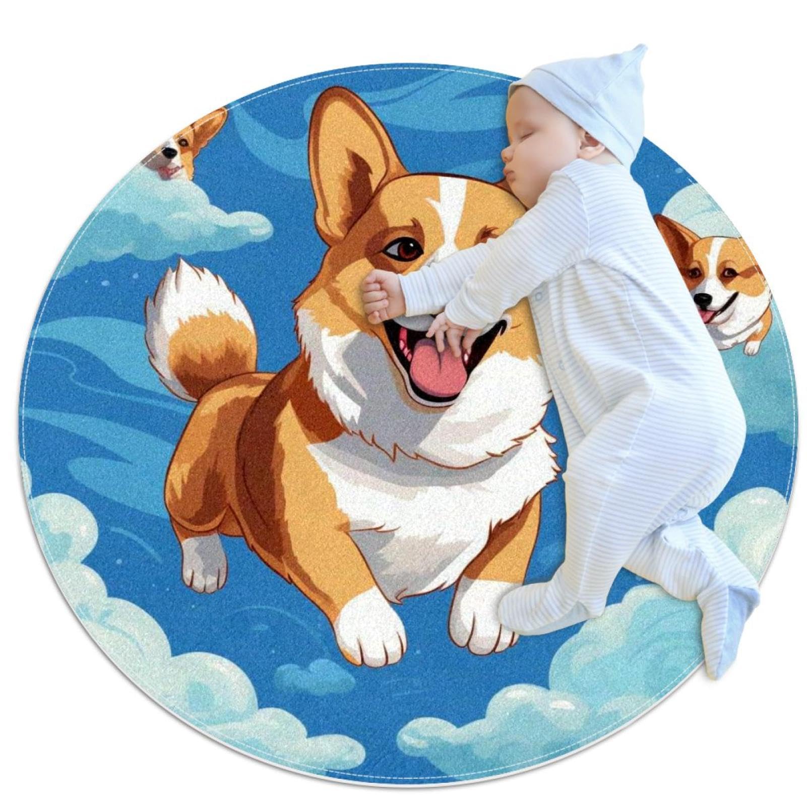 Tapis rond 1m corgi plumes de paon antidérapant haute qualité chambre