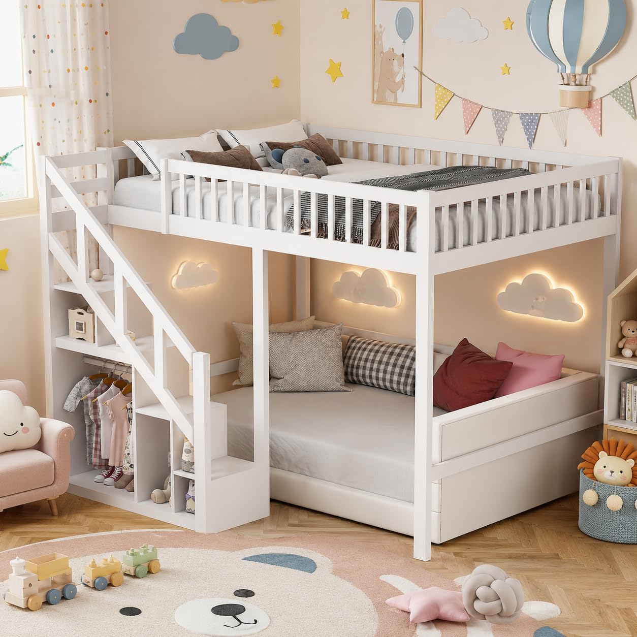 Letto a castello 140x200 cm, letto a soppalco con scala e armadietto, letto a castello con rete a doghe e protezione anticaduta, letto per bambini in legno massiccio di pino, senza materasso