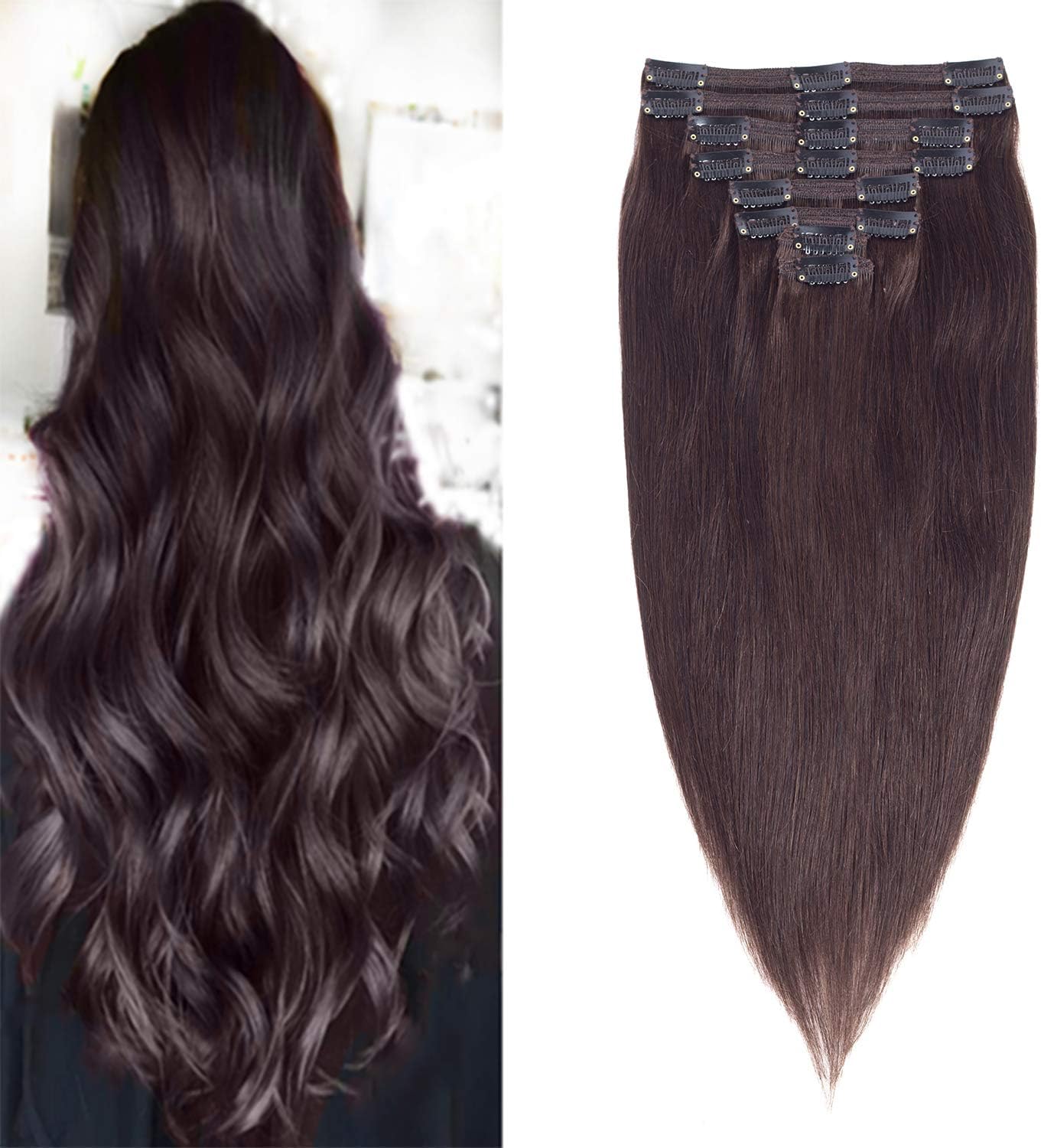 Double Weft 100% Human Hair Clip In Extensions Silky Straight 8Pcs 18Clips 14-22Inch (22 Inch=150G, 2 Dark Brown)