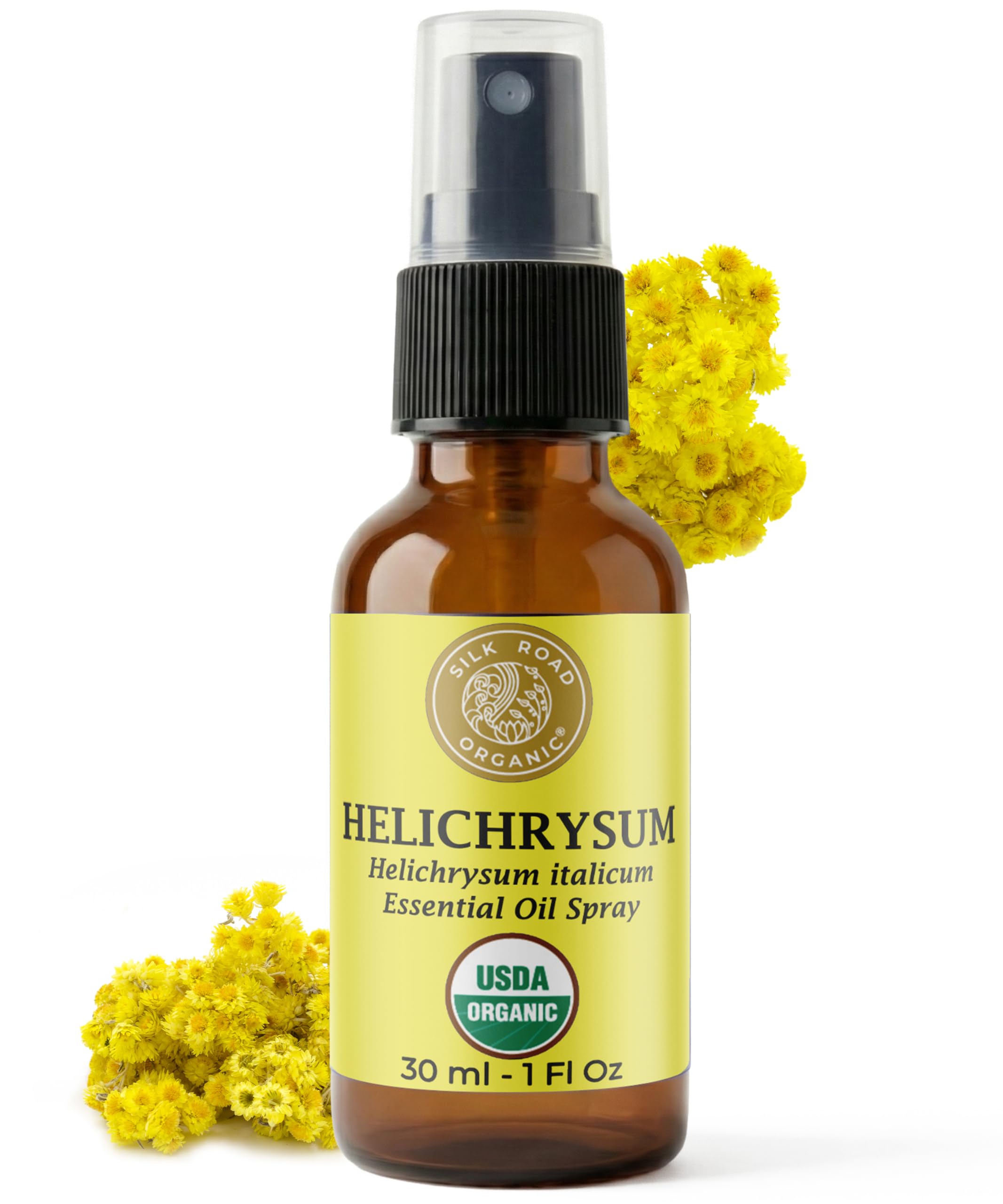 Silk Road Organic Helichrysum Italicum Essential Oil Spray for Skin Care, Wrinkles, Scars, Bruises - USDA Certified Immortelle Oil 1oz Aromatherapy