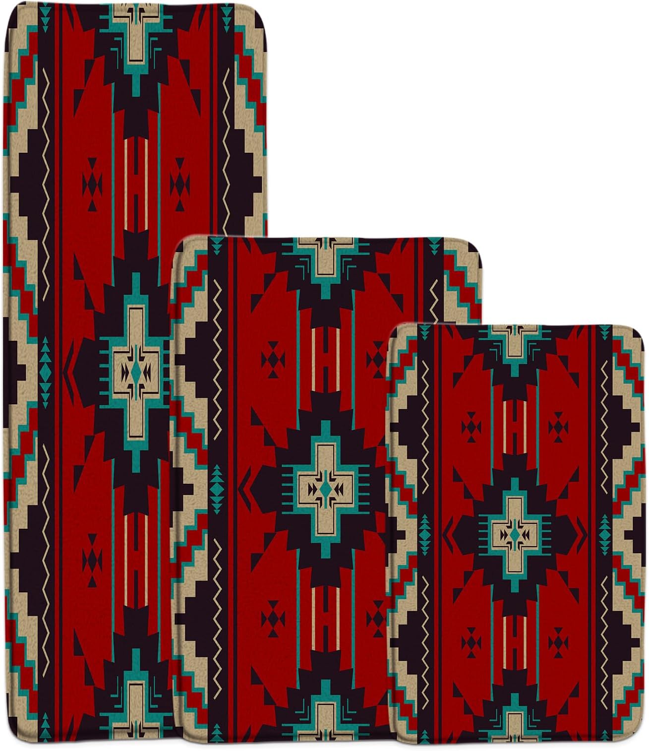 Western Boho 3 Pieces Kitchen Rug Sets,Aztec Geometric Native Red Area Runner Mats for Bathroom Laundry Hallway Doormat,18x30 in and 24x36 in and 24x60 in