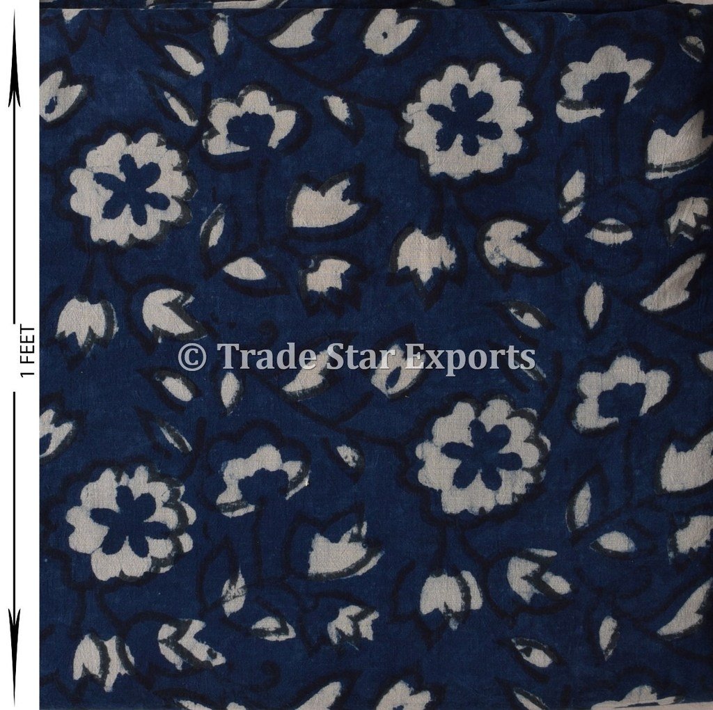 Trade Star Indigo Handmade Natural Sanganeri Hand Block Print Art Indian Fabric by Meters