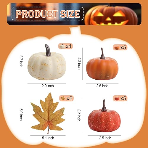 Miniatura 3 de Juego de 16 mini calabazas artificiales artificiales con hojas de otoño, espuma de plástico tallable, pequeñas calabazas blancas para decoración de