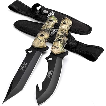 Mossy Oak Fixed Blade Hunting Knife Set - 2 Piece, Full Tang Handle Straight Edge and Gut Hook Blades Game Processing Knife, Sheath Included