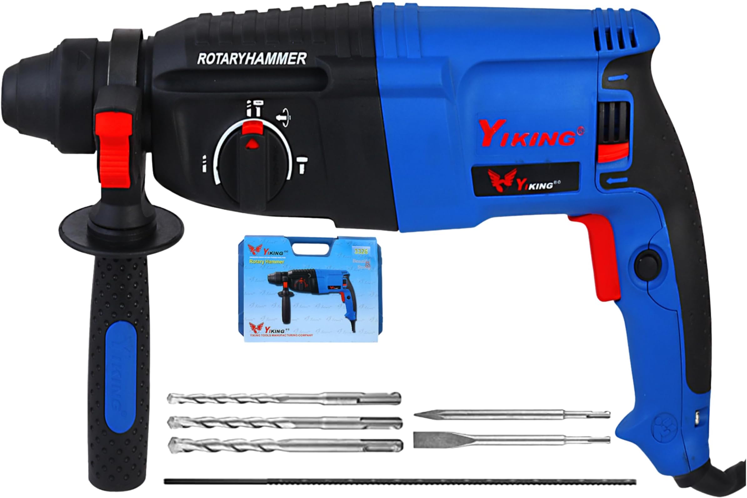 KHADIJA YIKING 1200WATTS 26mm Reversible Rotary Hammer Drill SDS Plus with 3 Modes 3 Hammers Bits 2 Chisels (BLUE)