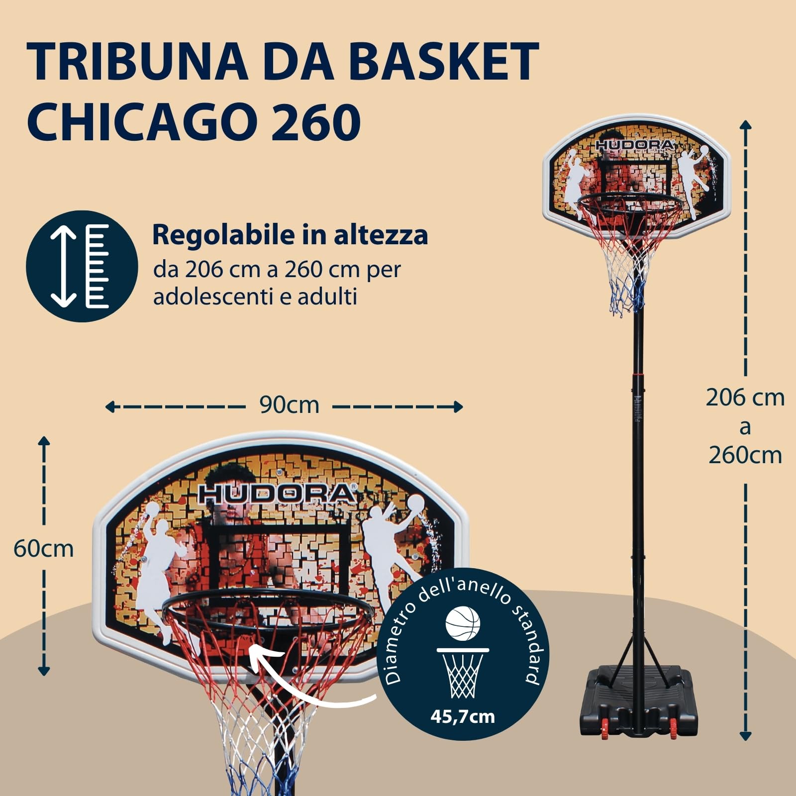 HUDORA Basketballständer Chicago - Basketball Ständer von 206-260cm höhenverstellbar - Mobiler Outdoor Basketballkorb für Kinder/Jugendliche & Erwachsene - Basketballkorb mit Ständer & Rollen