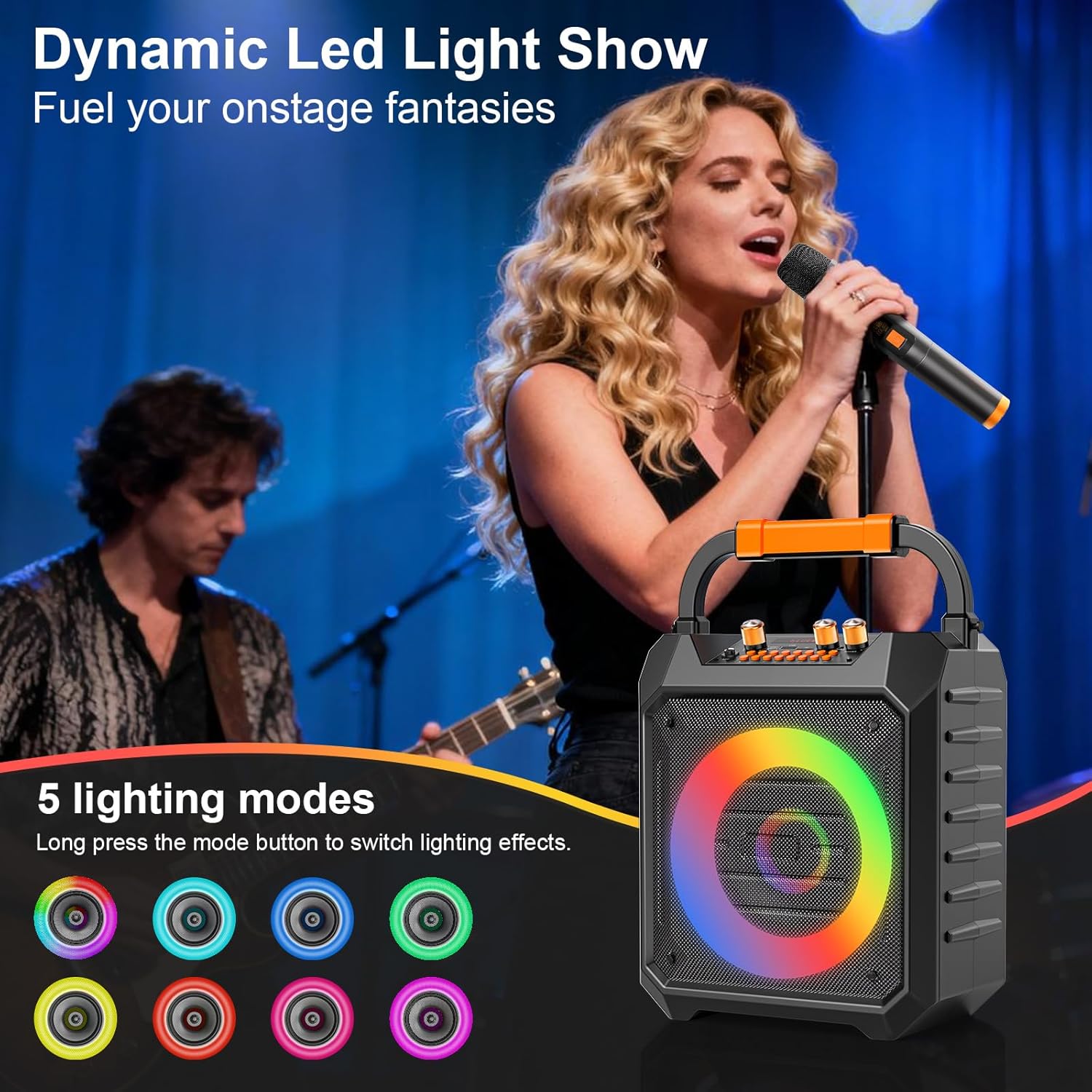 Portable Karaoke Machine with 2 Wireless Mics Bluetooth Karaoke Speaker with PA System for Adults,Parties,Home Use,Support BT/TF/USB/AUX/FM,Recording,LED Lights,Powerful Bass and Treble (K168N-Black) - Image 9