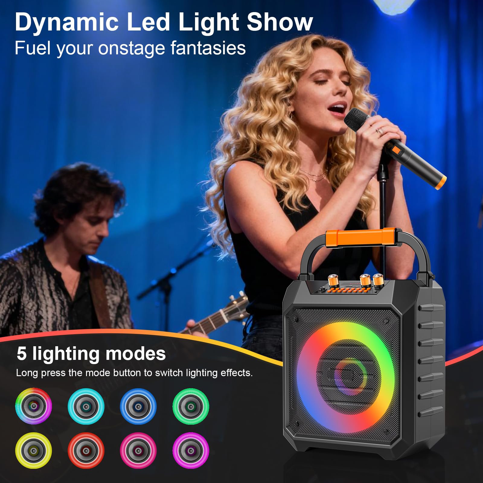 Machine de karaoké portable avec 2 microphones sans fil Bluetooth Haut-parleur de karaoké avec système de sonorisation pour adultes, fêtes, usage domestique, prend en charge BT/TF/USB/AUX/FM