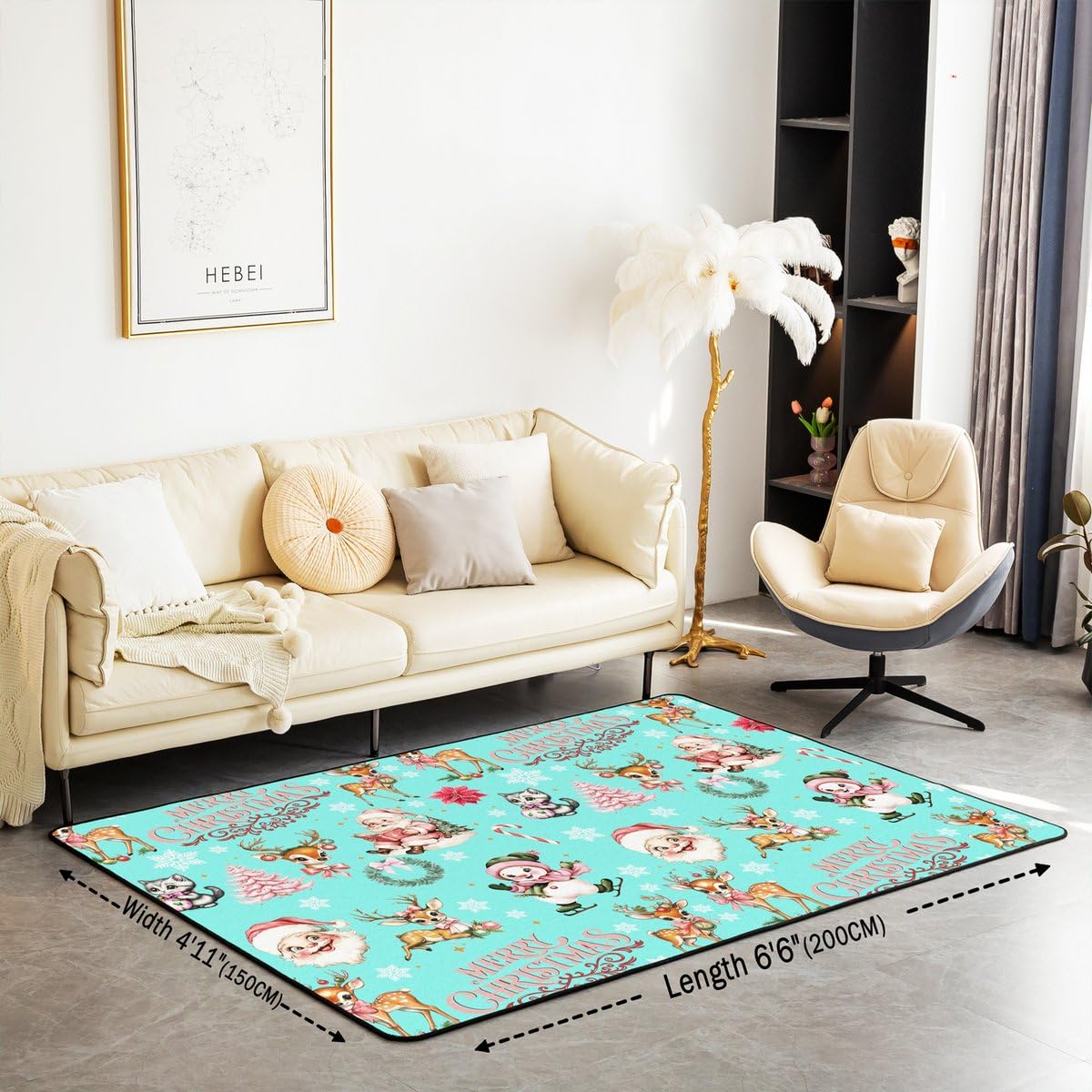 Homewish Turkusowy dywan pod choinkę 150 x 200 cm do sypialni – Święty Mikołaj, jeleń, bałwan, dywany do salonu, dla dzieci, dziewcząt, chłopców, zimowy, płatek śniegu, nie gubi włosia, urocze różowe