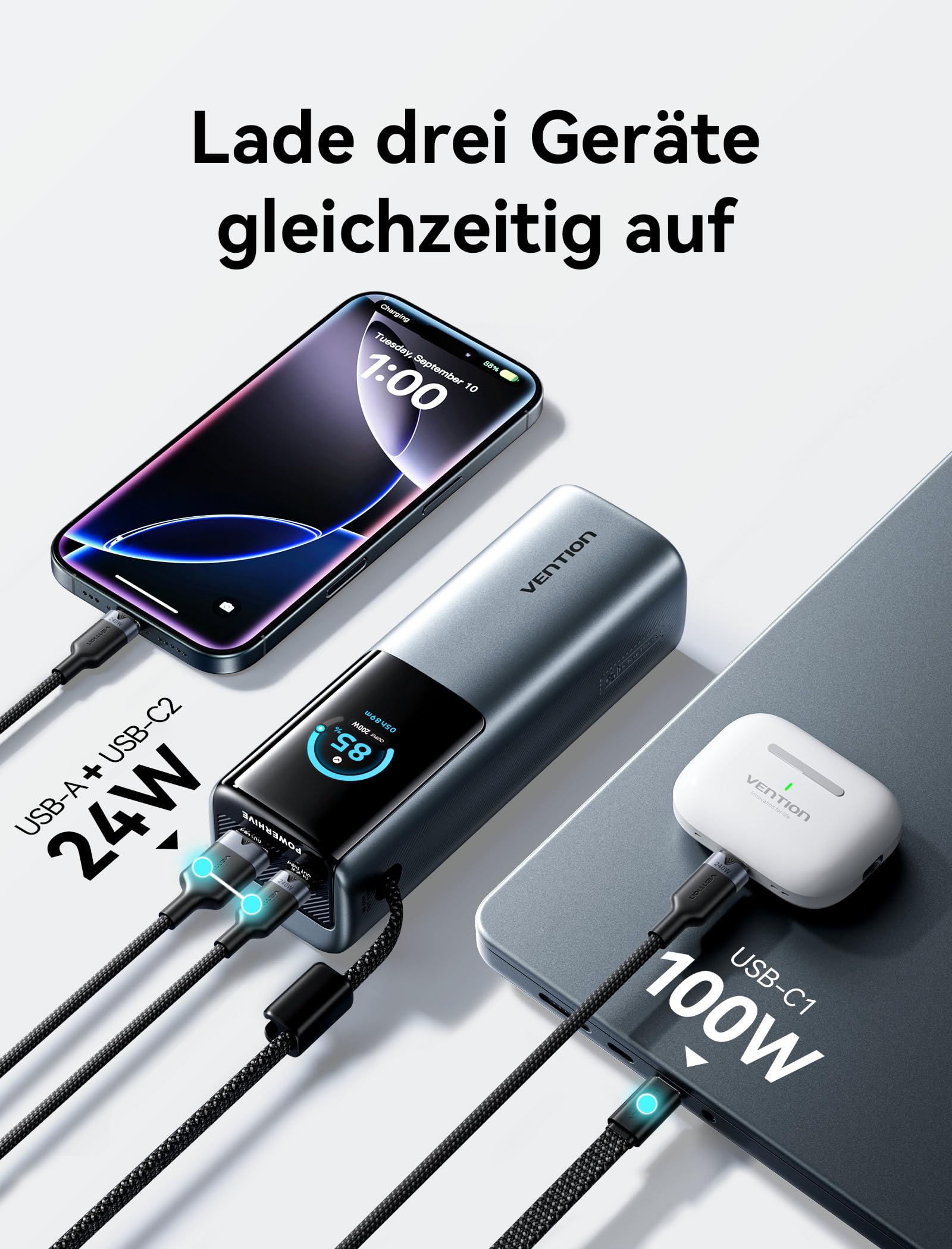 VENTION Power Bank 27000mAh 200W, batería externa carga rápida Con pantalla digital y Emoji, Cable USB-C integrado, 2× USB-C + USB-A, para MacBook Pro, iPad, Dell/HP, iPhone 17/16/15, Galaxy