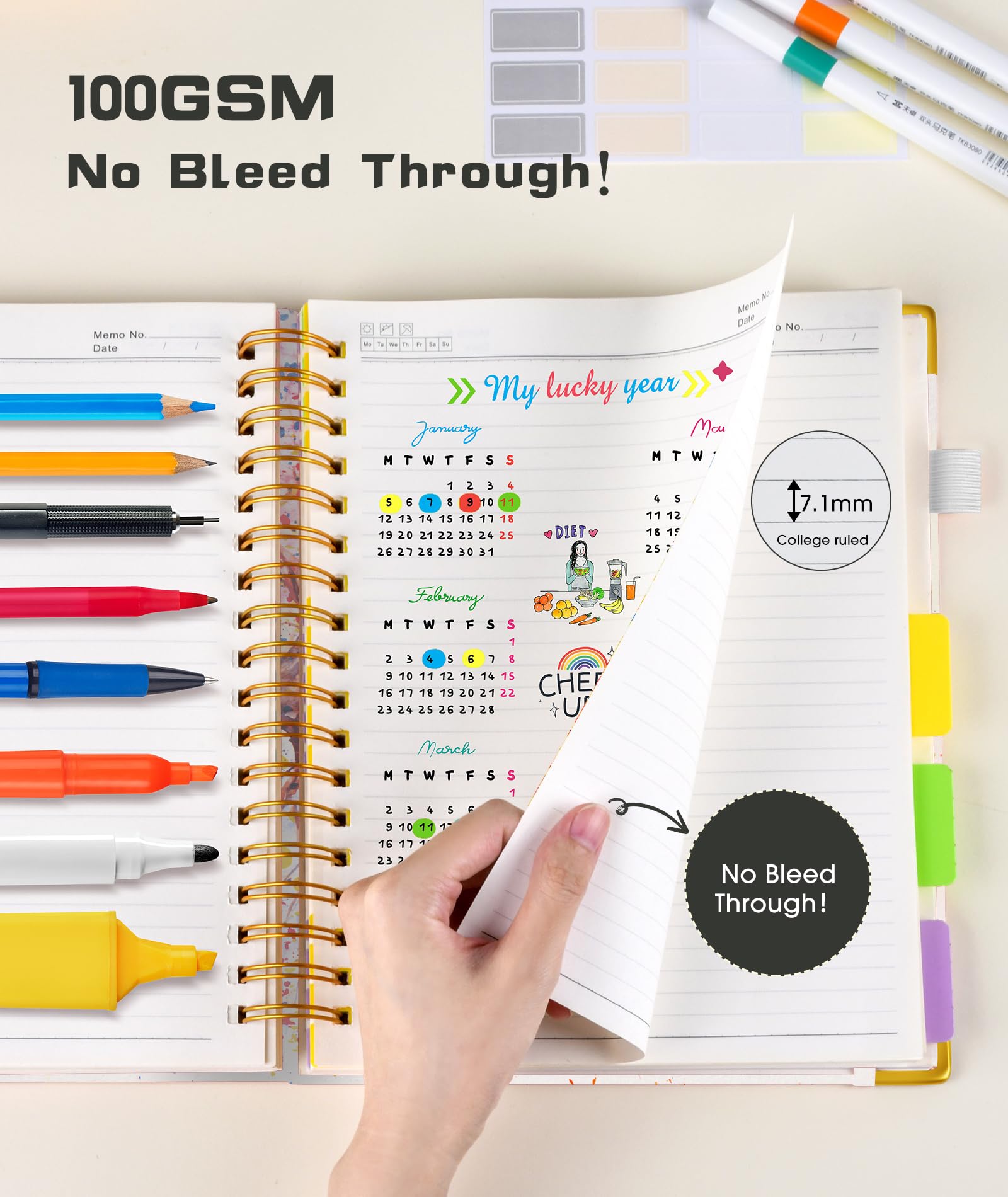 Carnet à spirale à couverture rigide avec onglets amovibles - 300 pages - 5 sujets - 100 g/m² - Pour le travail et l'école - Journal ligné pour femme - Arbre de vie coloré