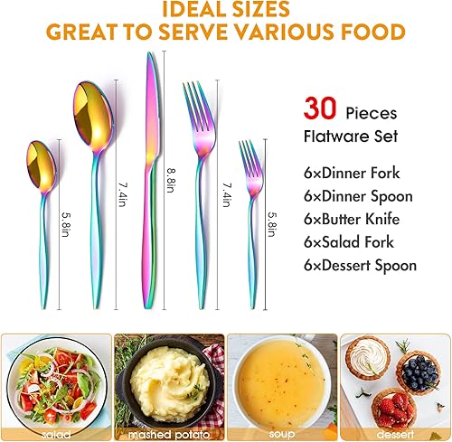 Miniatura 9 de Juego de cubiertos negros, 30 piezas de cubiertos de acero inoxidable para 6, utensilios esenciales para la familia, cubiertos pulidos con espejo