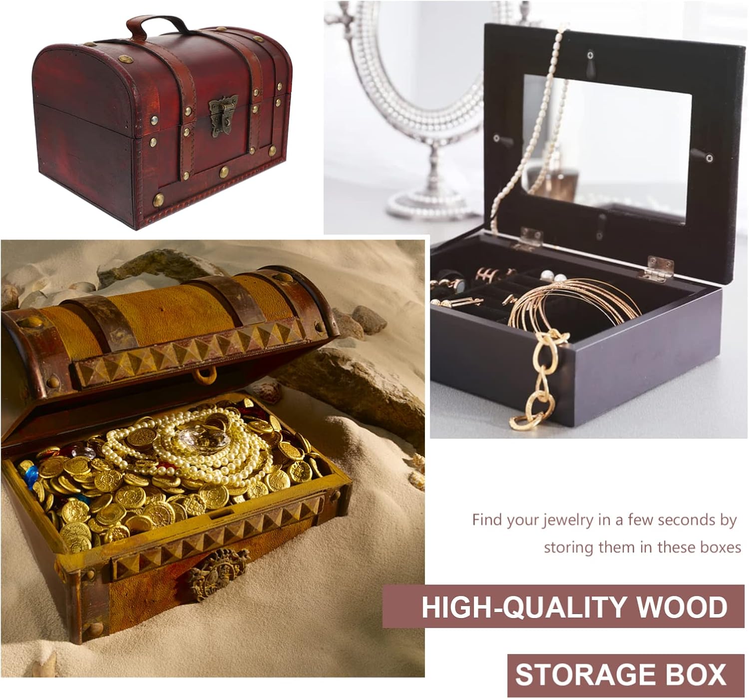 Small Wooden Storage Chest Trunk Decorative Wood Box with Lid Vintage Handmade Storage Box Antique Style Jewelry Organizer Vintage Wooden Treasure Chest Jewelry Box(Dark Red)
