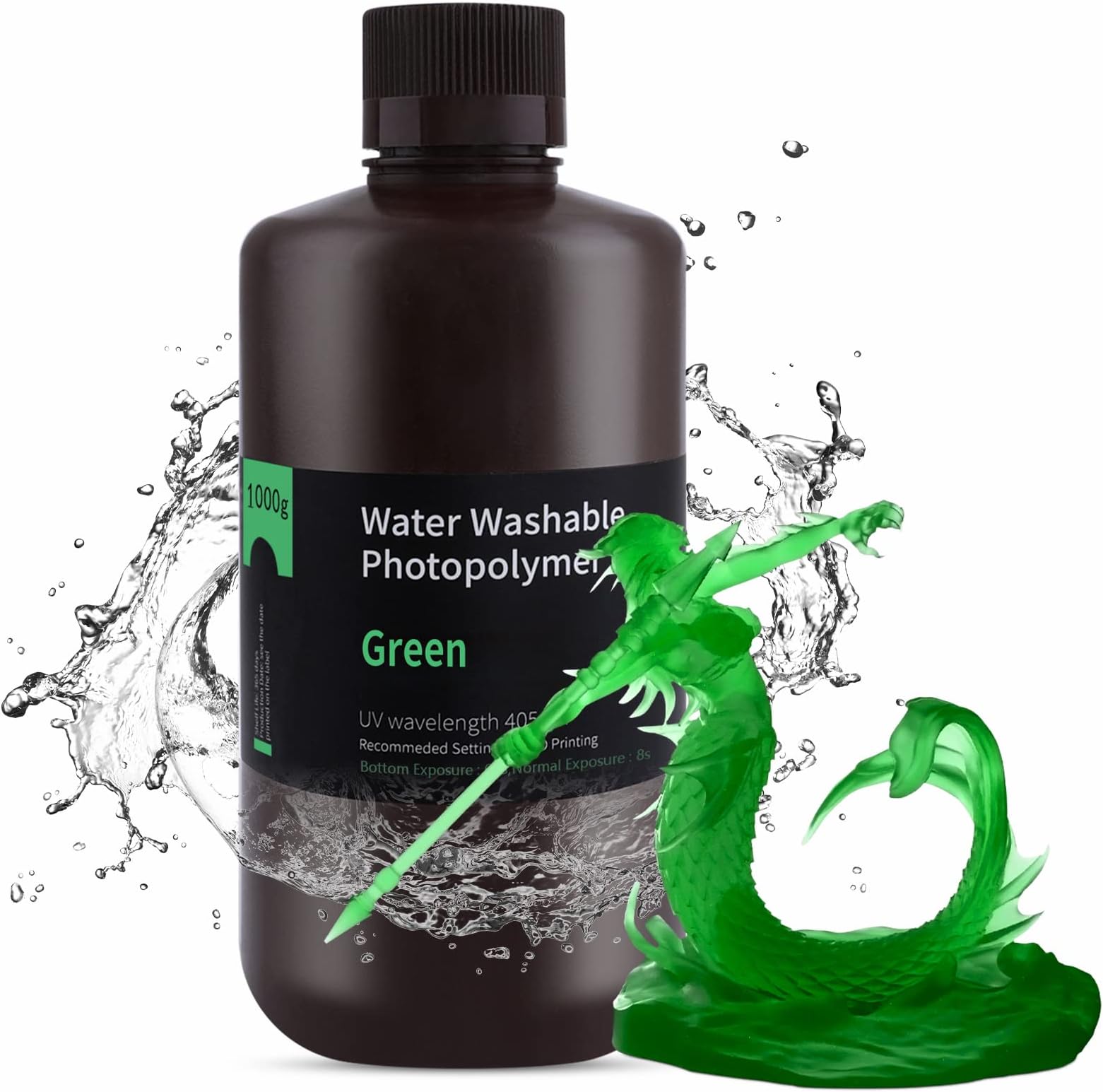 ELEGOO Water Wash 3D Printer Resin, 405nm, Rapid UV Curing Standard Photopolymer Resin, Easy to Clean, High Precision 3D Wash Resin, For LCD/MSLA/DLP 3D Printer Printing, Clear Green 1000G
