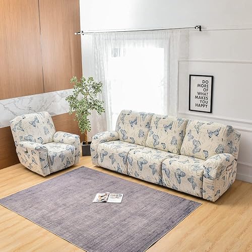 Vista 36 de Fundas elásticas para sofá reclinable, 8 piezas, de elastano, suave, estampadas, fundas para sofá reclinable, protector de muebles con bolsillo Rojo