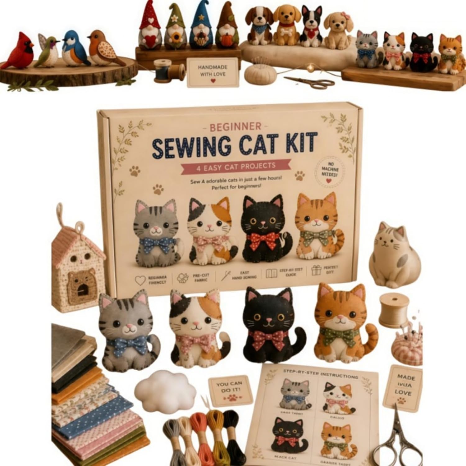 Sewing Kit for Beginners, DIY Felt Sewing Craft Kit with Pre-Cut Fabric & Instructions, Handmade Plush Animal Craft Set for Adults & Teens (cat)