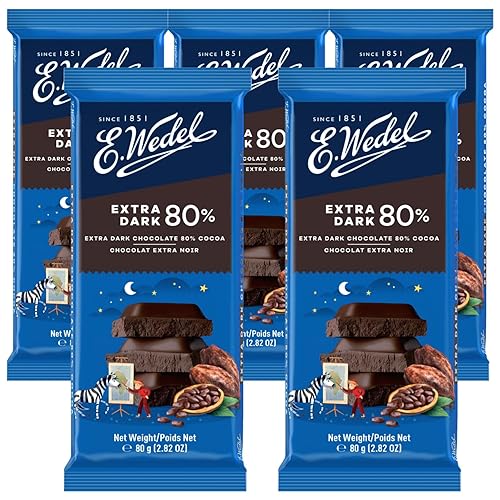 E.Wedel Chocolate Bars Extra Dark Chocolate 80%, Pack of 5 x 80g, Made in Poland, Dark ChocolateBars Multipack, Cocoa from Ghana - Cocoa 80% - Pack of 5