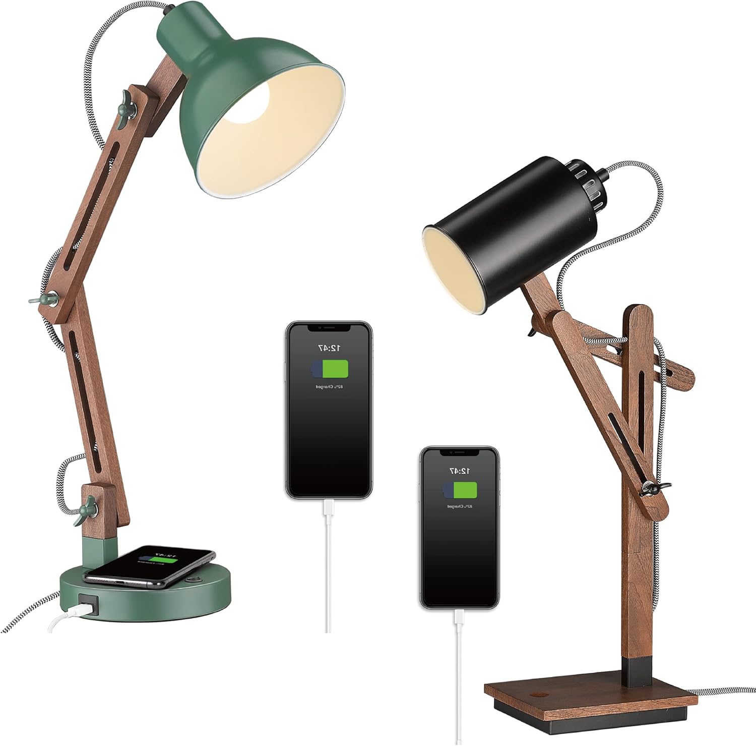 ELYONA Vintage Desk Lamp & Touch Control Desk Lamp with Wireless Charging & USB Port, LED Swing