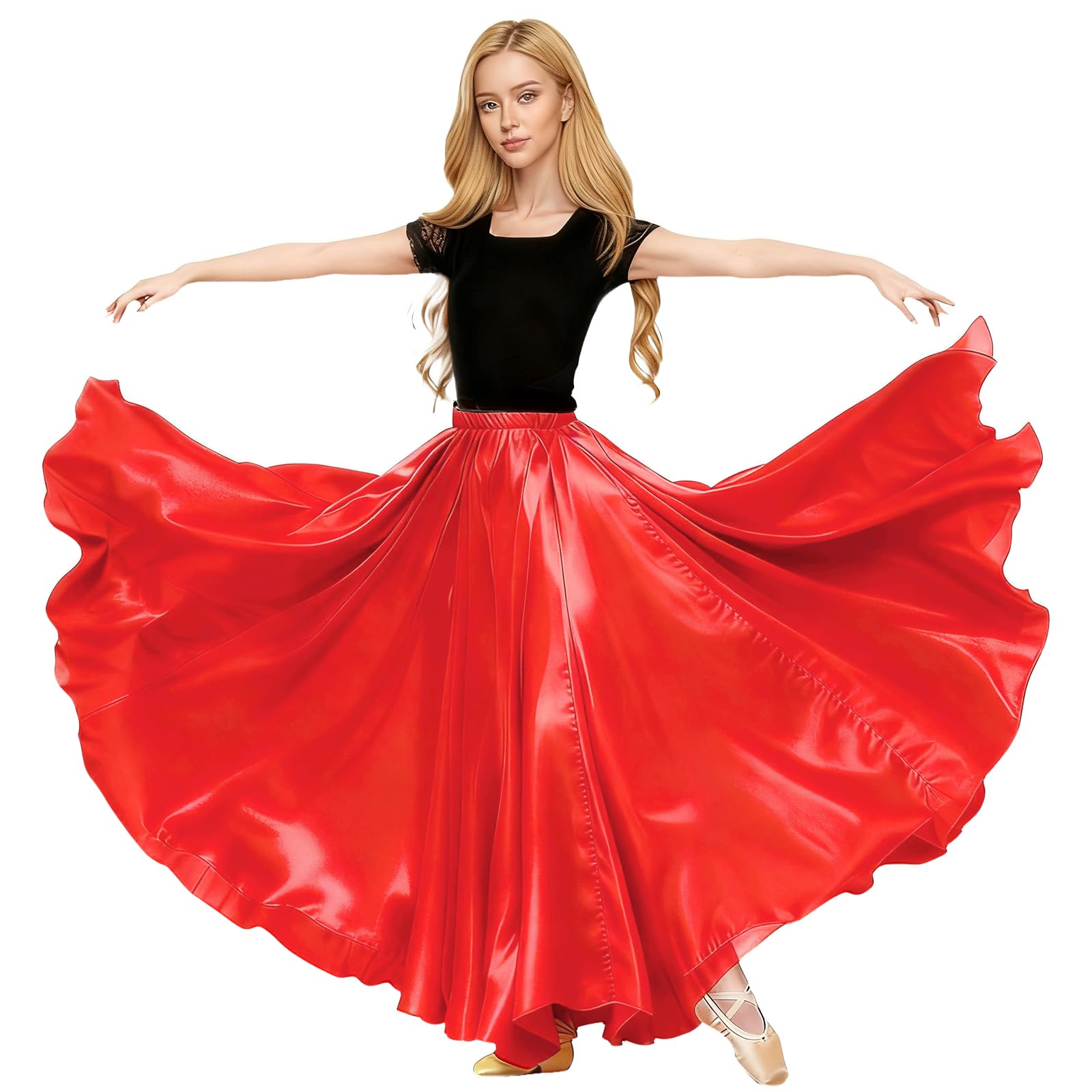 Baisdan Women's Red Satin Skirt Belly Dance Costume Festival Maxi Full Long Swing Skirt