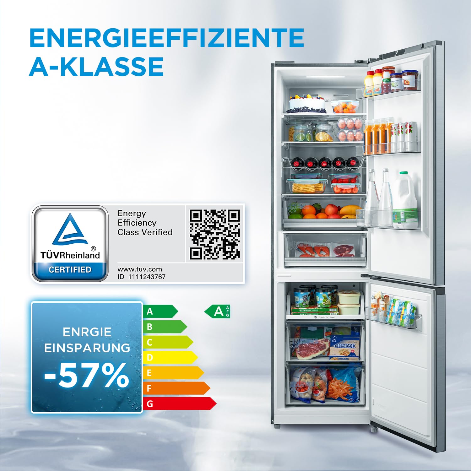 Midea 378L Kühlschrank mit Gefrierfach,201cm,29dB,EEK A,NoFrost,DualCooling | Inverter Kompressor, Metal Cooling, 256L Kühlteil+122L Gefrierteil, 113 kWh/Jahr, Frischezone,180° flip shelf