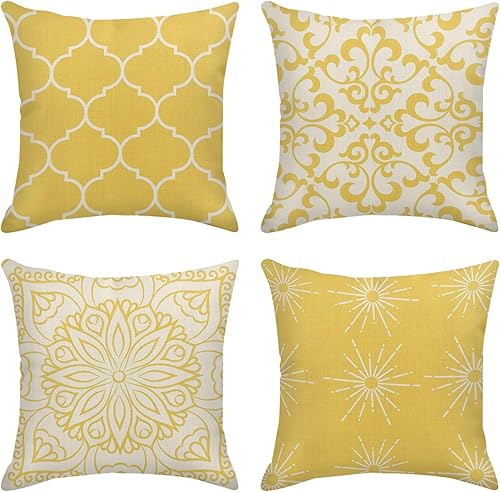 Sanwarm Juego de 4 fundas de almohada decorativas para decoración del hogar, color amarillo, retro, geométrico, abstracto, vintage, 18 x 18