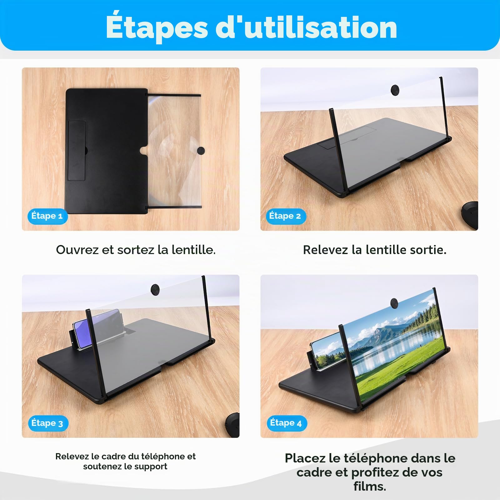 Amplificateur D'écran Lumineux de 18 Pouces, Loupe D'écran de Téléphone Portable 3D HD Anti-Bleu, Support Amplificateur de Pliage Loupe pour Tous Les Smartphones, Idee Cadeau Noel Homme