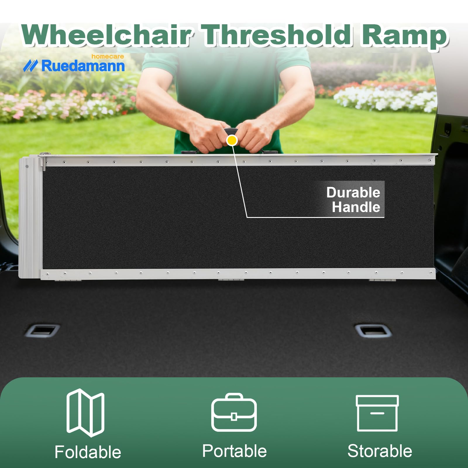 Ruedamann 10'L × 29" W Wheelchair Ramp, 600 LBS Capacity, Non-Slip Threshold Ramp, Portable Aluminum Folding Handicap Ramp, Mobility Ramp for Home, Wheelchairs, Steps, Stairs, Doorways, Curbs