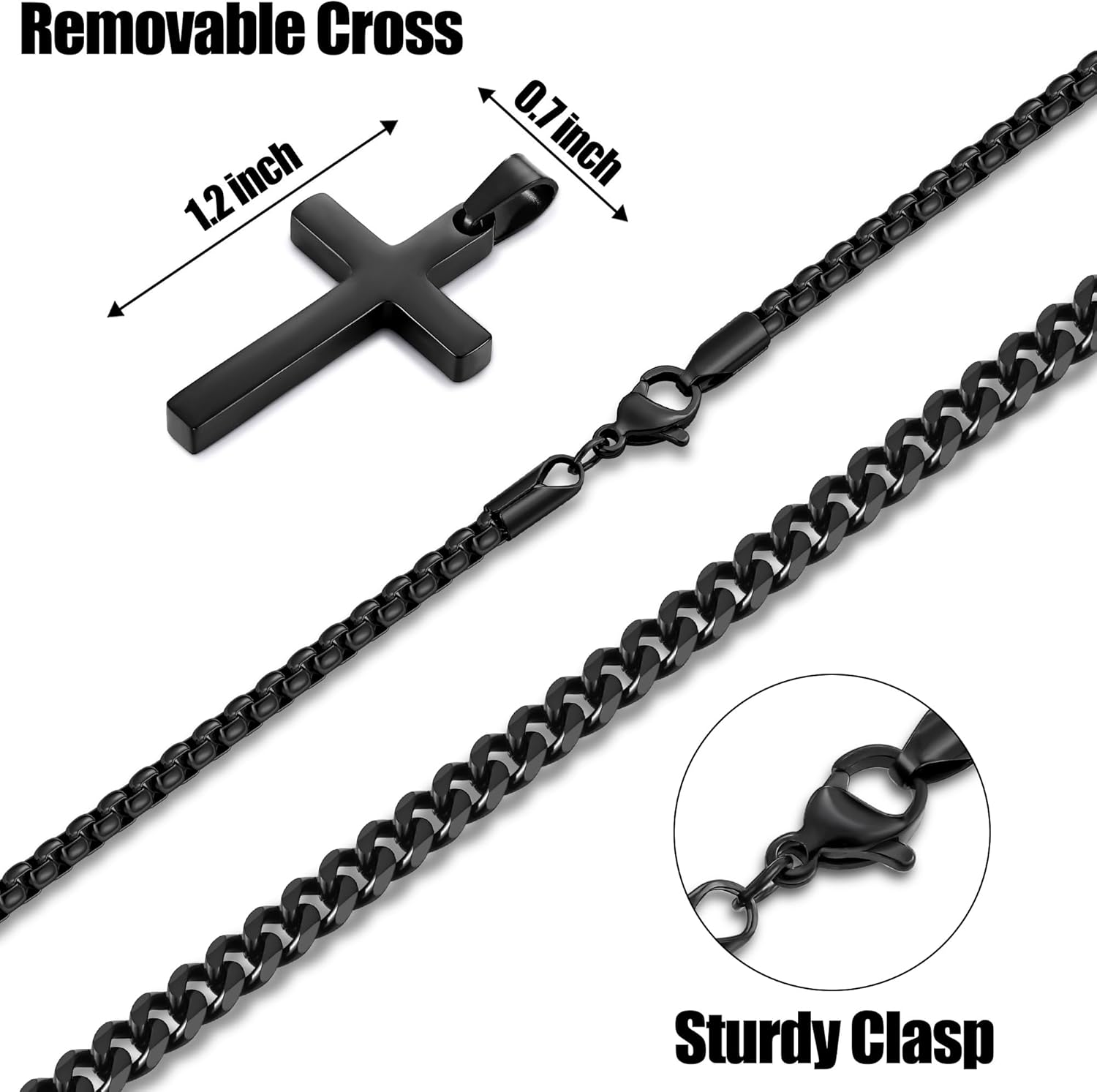Fiusem Valentines Gifts for Him - 2 Pcs Cross Chain Necklace for Men and Women, Silver/14K Gold Plated/Black Layered Mens Cross Necklaces Stainless Steel Cross Pendant with Cuban Link and Box Chain 16-26 Inch - Image 4