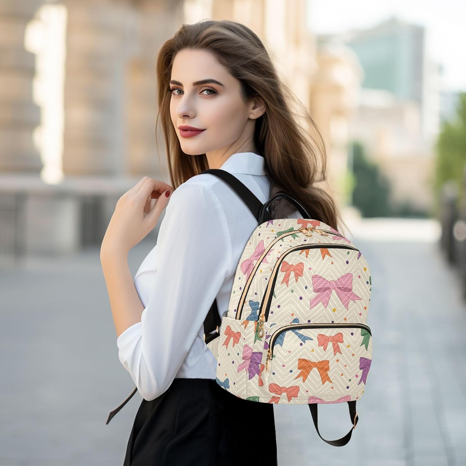 Cute Bows Polka Dots Colorful Backpack Purse for Women Shoulder Bag Fashion Daypack Ladies Handbag Lightweight Travel Bag Rucksack