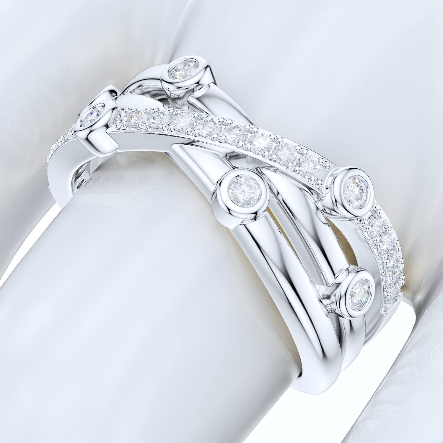 Sterling Silver Criss Cross Bubble Cocktail Simulated Round Brilliant Diamond or Genuine Moissanite Ring Wedding Band For Women