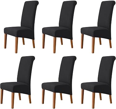 Set of 6 Dining Chair Slipcovers, Oversized Size Stretch Covers, Jacquard Dining Chair Seat Slipcovers, Protectors, Removable, Washable, for Home, Kitchen, Hotel, CeremonyBlack