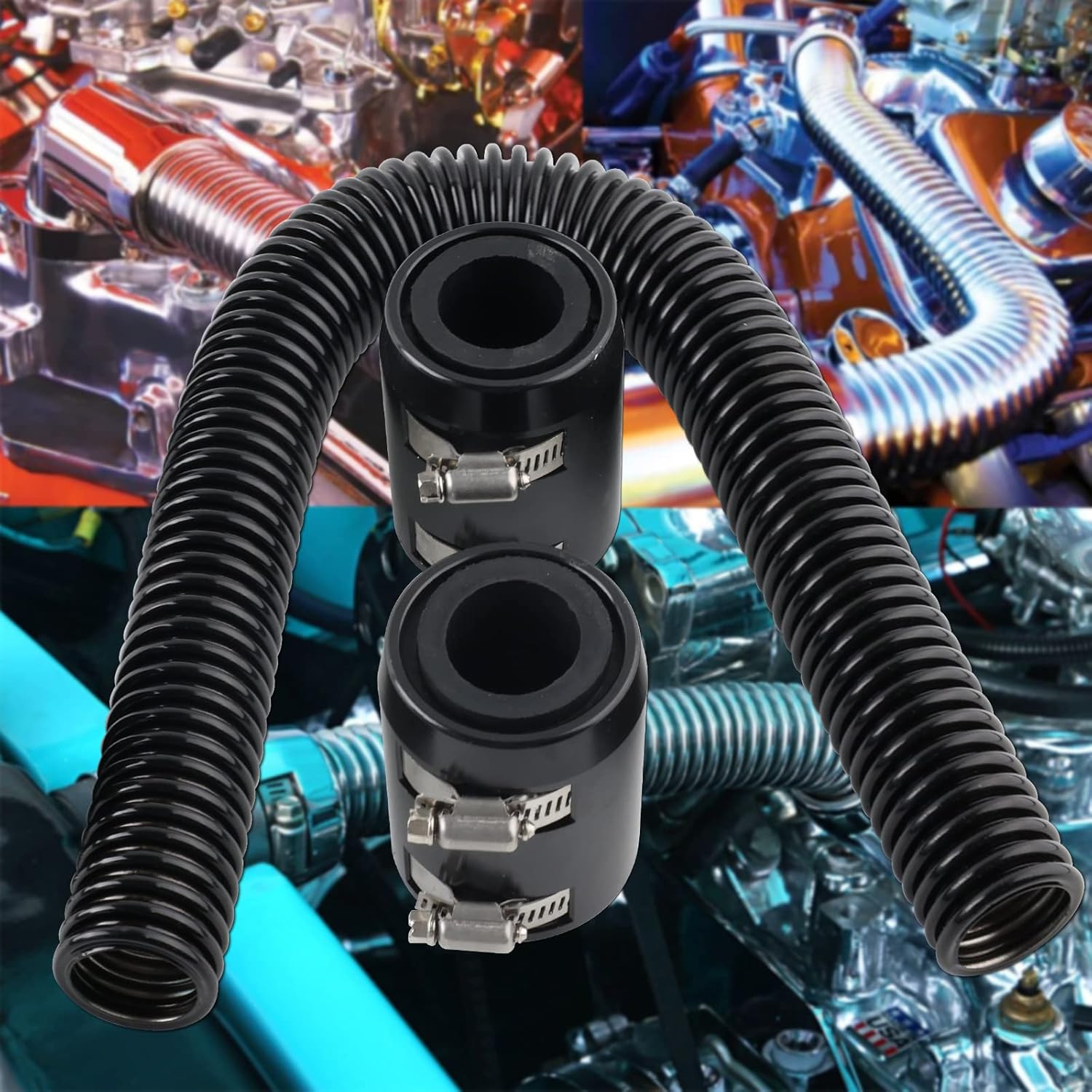 Universal 24" Flexible Radiator Hose Stainless Steel Universal Water Hoses Adapter Coolant Radiator Hose Kit Could be Used with 1-1/4", 1-1/2", 1-3/4" or 1-5/8" Radiator Necks (Black)