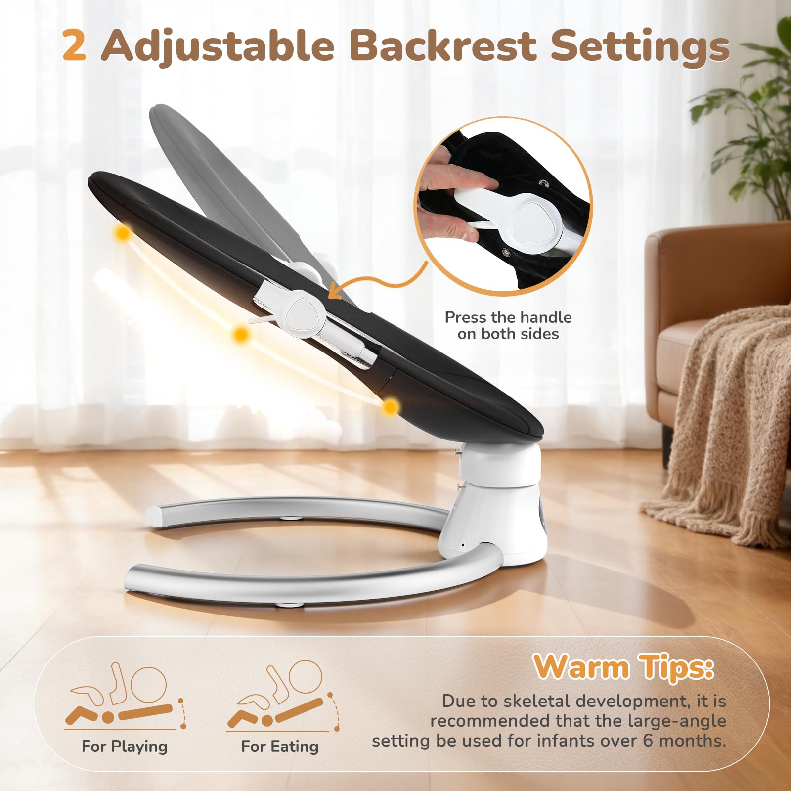 Hamaca Eléctrica para Bebé con Mando a Distancia y App,Mecedora con 5 Velocidades de Balanceo,3 Temporizadores,Arnés de 5 Puntos,2 Posiciones del Asiento,Silla Mecedora para 0-9 kg de Bebé-Negro