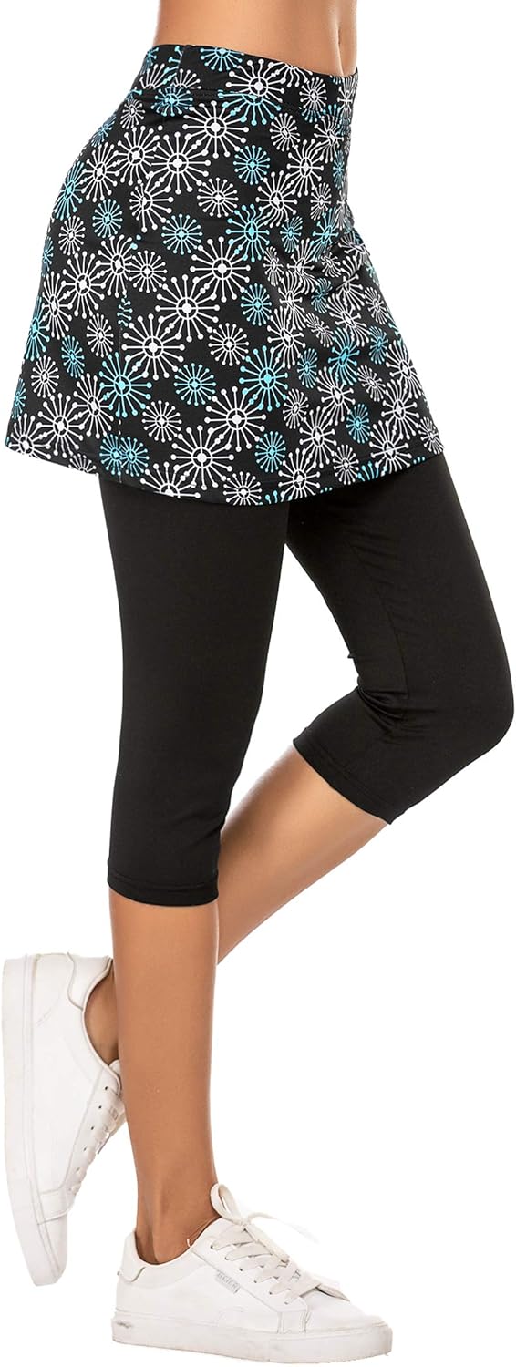 Ekouaer Skirted Leggings for Women Tennis Golf Skorts Capris Gym Yoga Legging with Skirts - Image 3